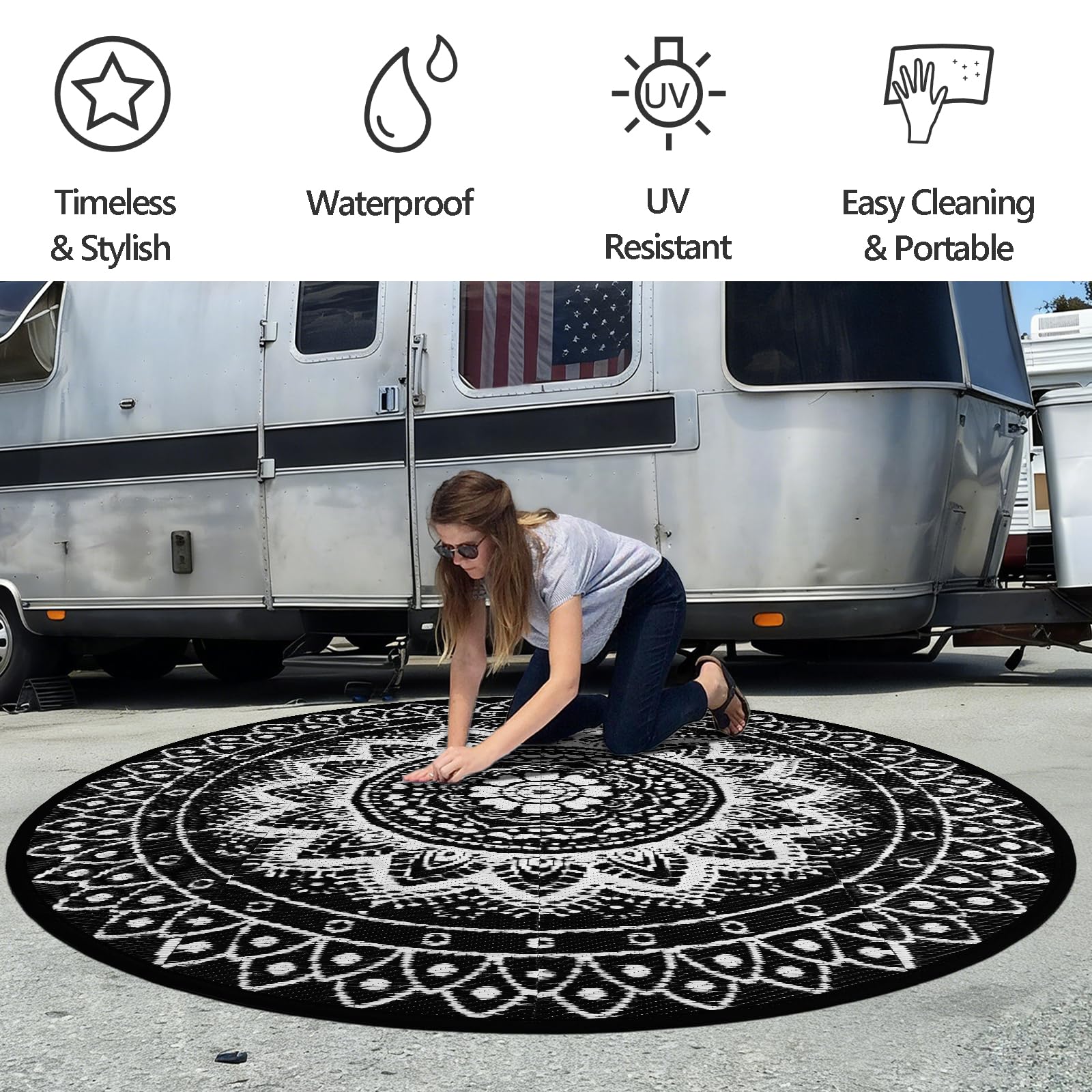 Alfombra Redonda de Exterior para Patio 180 cm alfombras de jardín Reversibles Impermeables y Plegables Alfombra Boho para autocaravanas Alfombra para Picnic Acampada Negro/Blanco