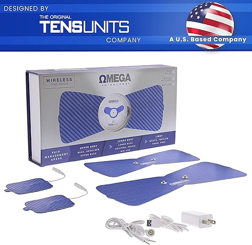 Miniatura 2 de OMEGA Unidad TENS inalámbrica sin accesorios remotos Masajeador electrónico de pulso EMS, 2 electrodos de almohadillas ultra traseras, cables y