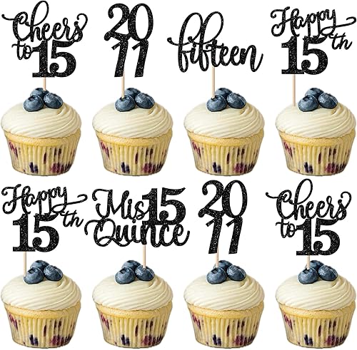 Vista 71 de Rsstarxi Paquete de 30 decoraciones para cupcakes de cumpleaños de 14 años con purpurina 2011 Hello 14 Cheers to 14 años de edad, catorce años, Negro