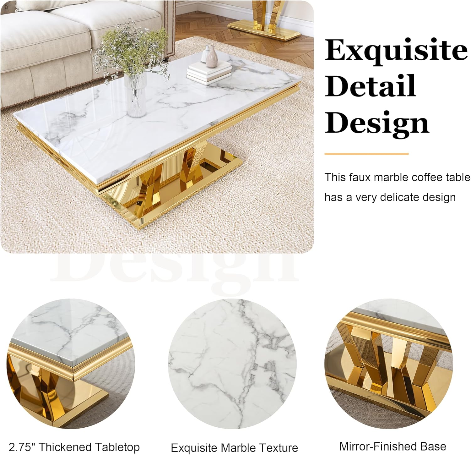 Modern Marble Coffee Table, 47" Living Room Table with Diamond-Shape Stainless Steel Base and Thickened Faux Marble Top for Living Room, Bedroom, Lounge (Gold,White)