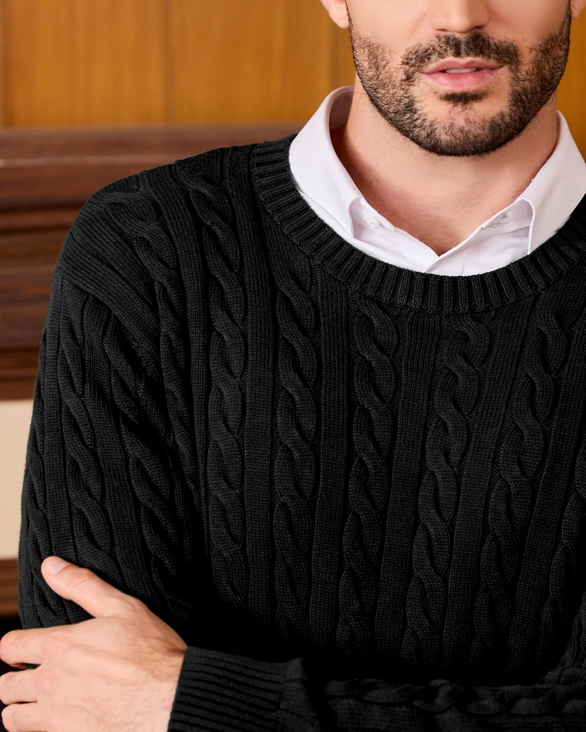 Kallspin Mens Crew Neck Sweater Pullover Pure Cotton Cable Knit Long Sleeve Knitwear Casual Classic Style - Image 4