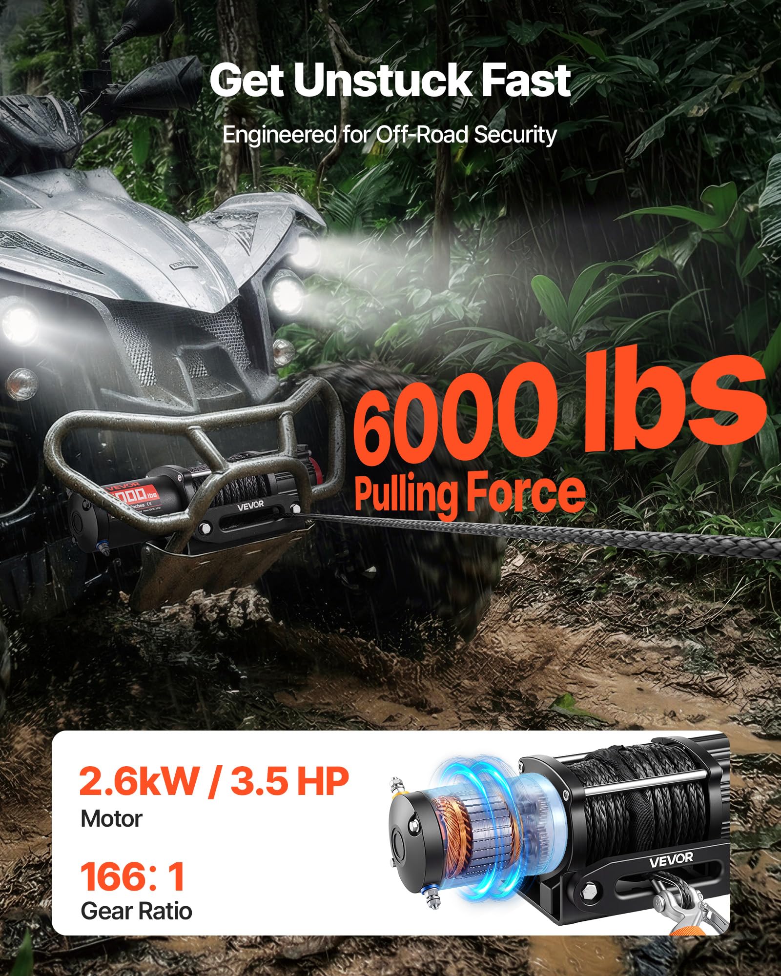 VEVOR Verricello Elettrico con Cavo Metallico da 2721 kg, Verricello Elettrico da 12 V CC per ATV/UTV Fuoristrada con Fune Sintetica Ø 6 mm x 15 m, Telecomando Wireless e Cablato, Impermeabile IP55