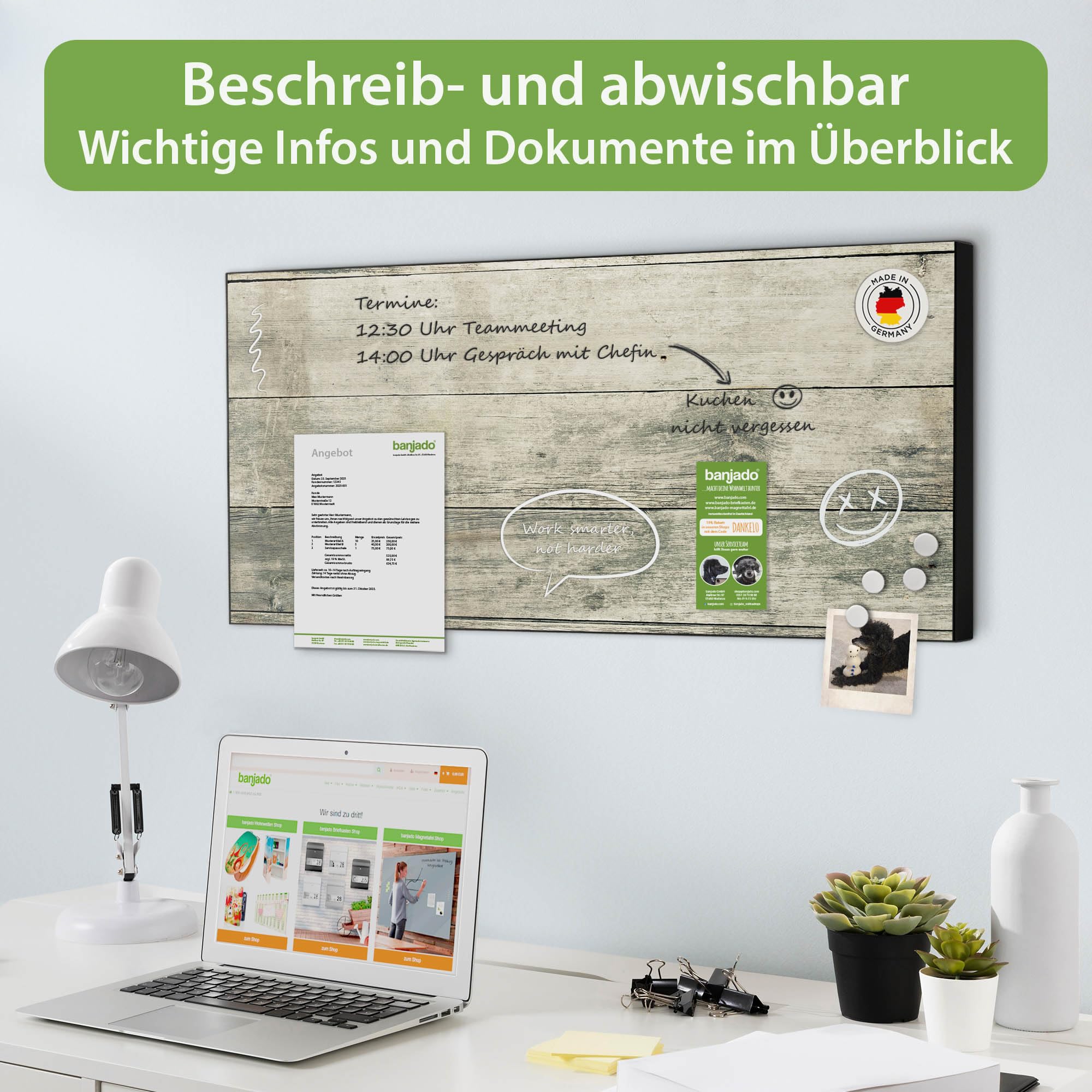 banjado Magnettafel Metall 78 x 37cm - beschreibbare Magnettafel - Metall Pinnwand als Memoboard - Magnetwand Küche, Büro, Kinderzimmer Schwarz inkl. 4 Magnete & Montageset - Motiv Graue Planken