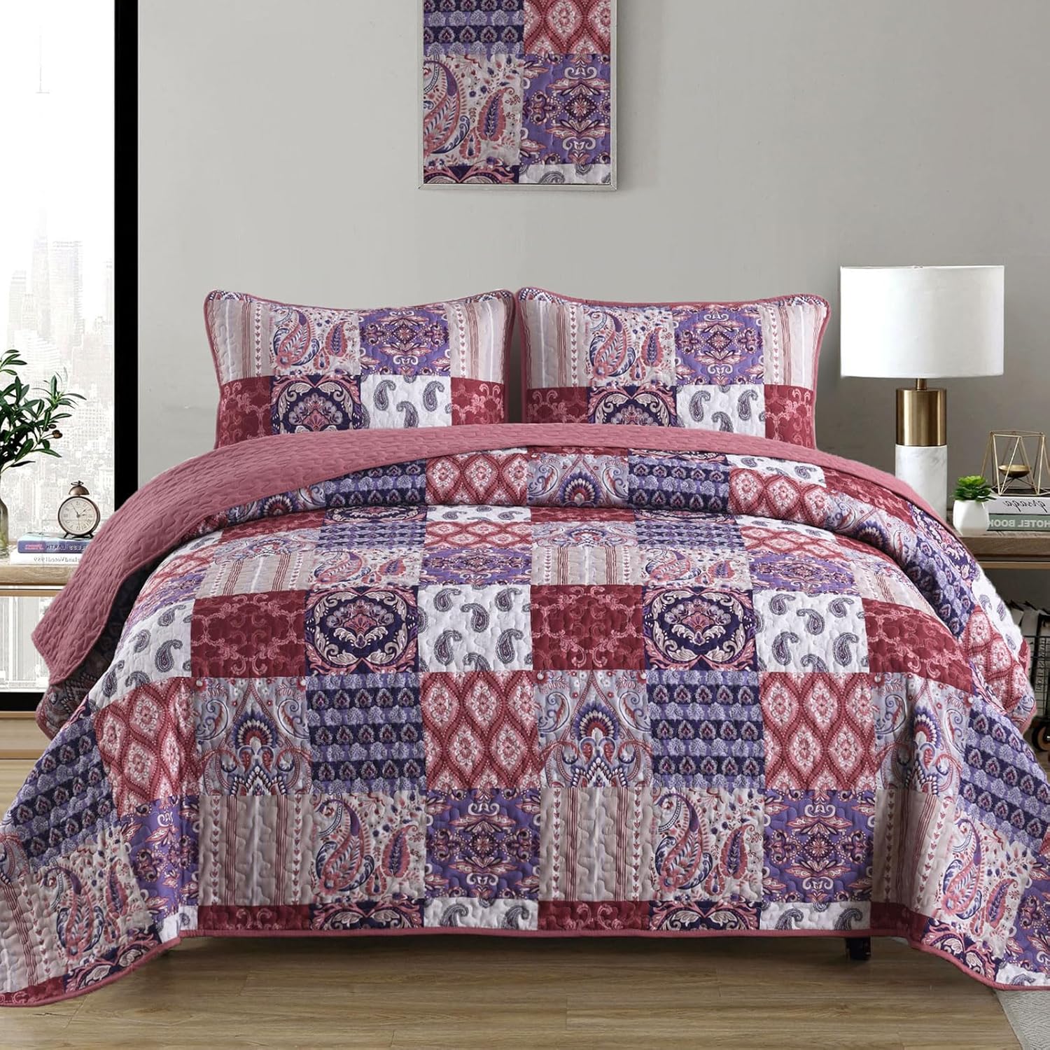 Red Comforter Set Queen Size Paisley Patchwork Plaid Bedspread Bedding Set Rose Red Boho Damask