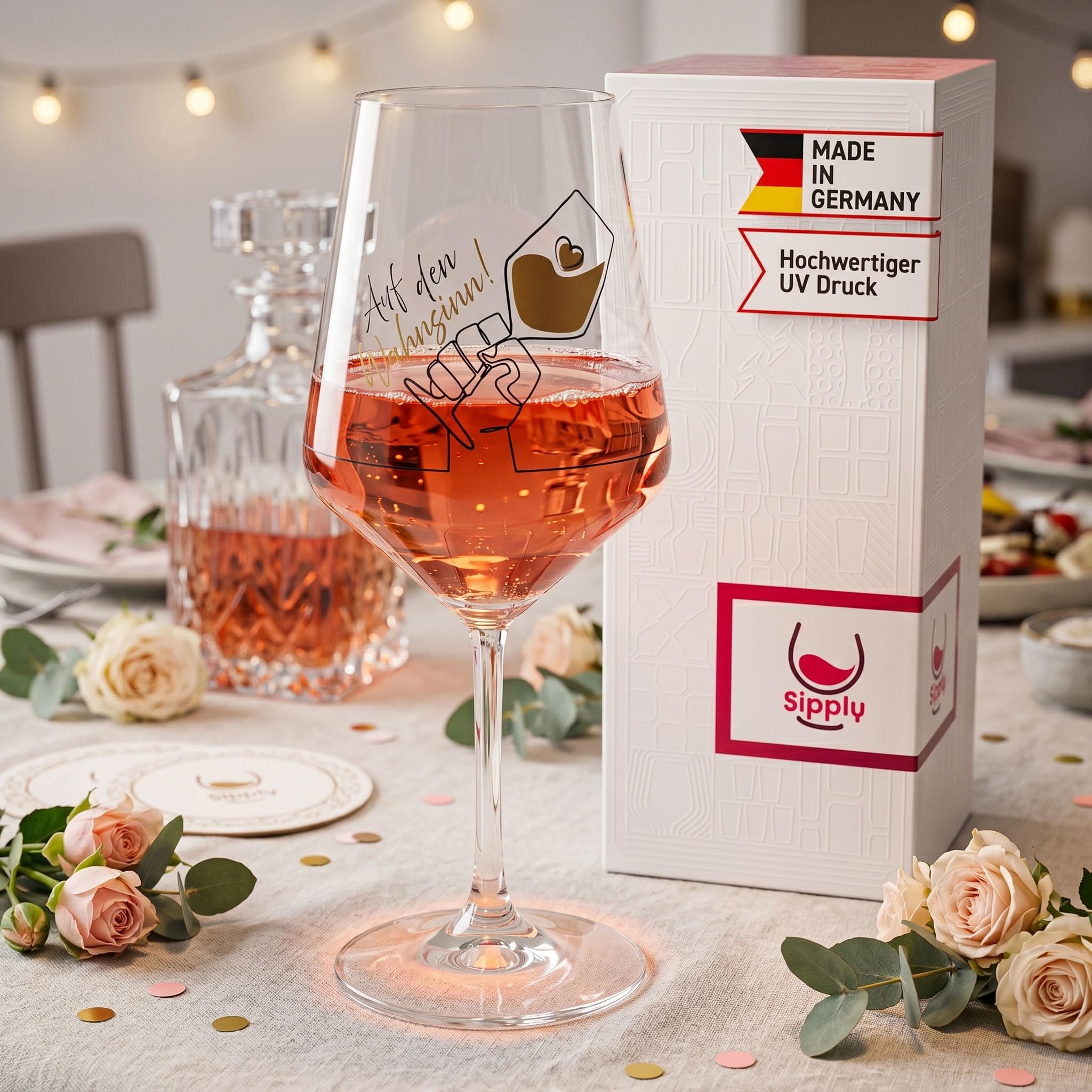 Weinglas mit Spruch Auf den Wahnsinn! 0,5l Glas lustig für Spritz Getränke Cocktails Sekt Schorle Bowle oder Saft