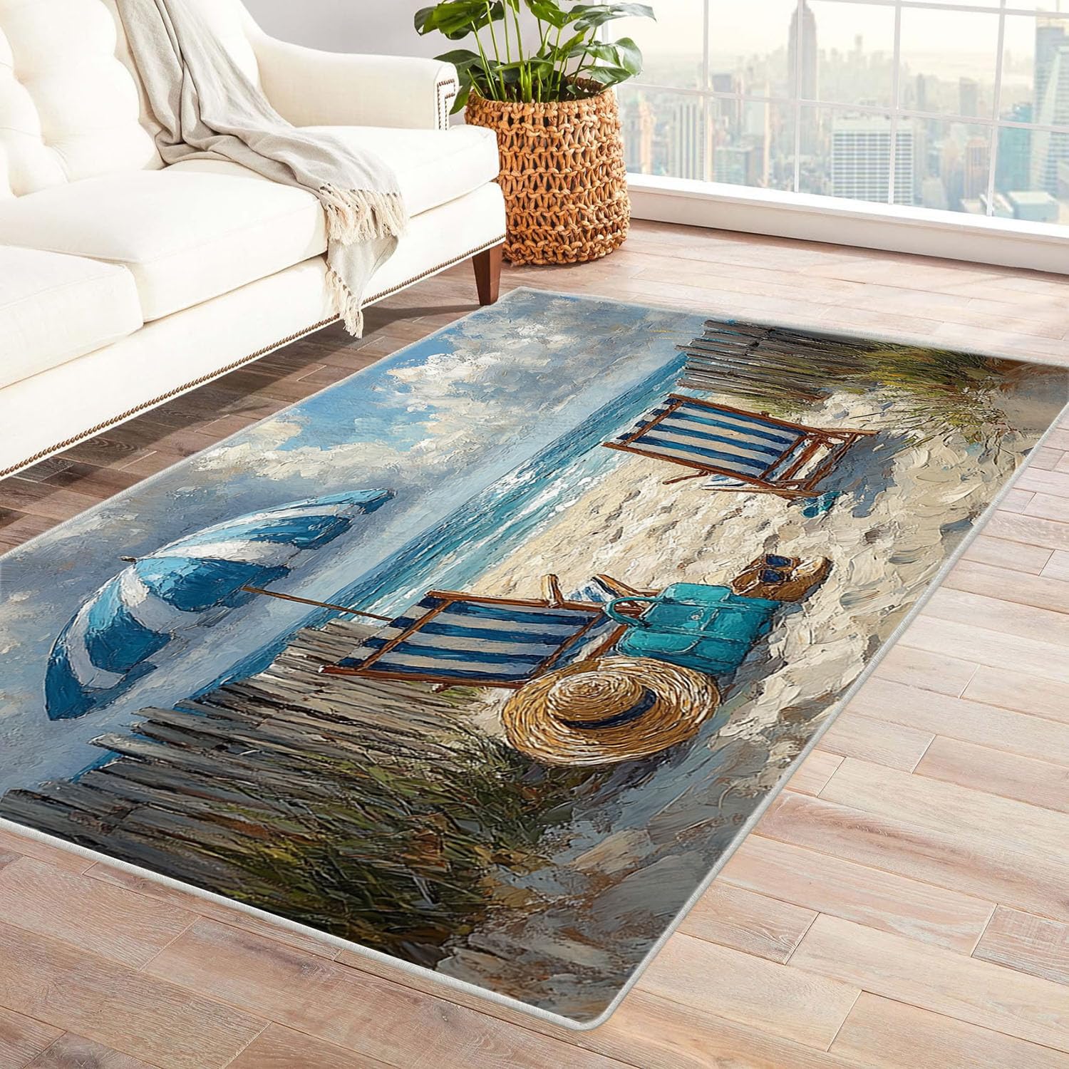 Tapis de salon lavable 210x300cm antidérapant beige pour grand séjour chaleureux
