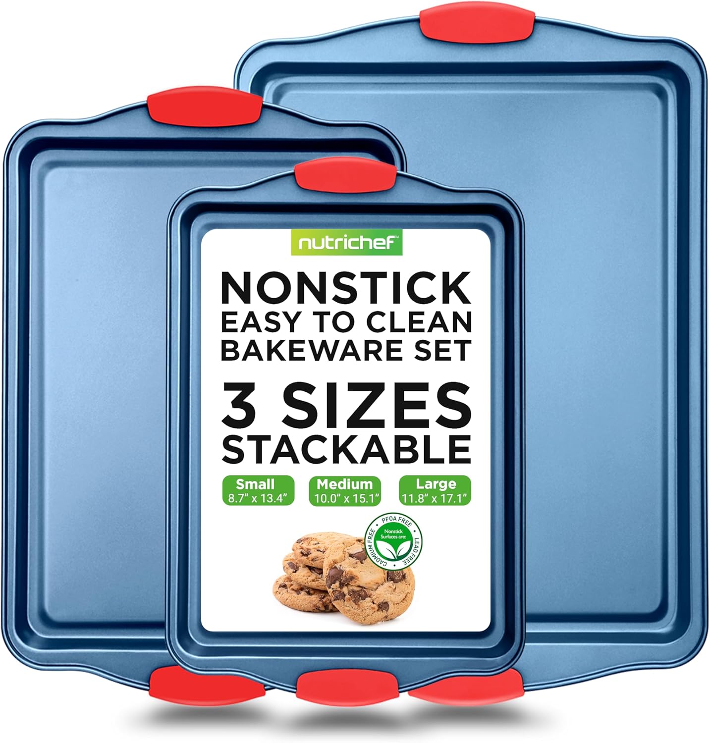 NutriChef 3-Piece Nonstick Cookie Sheets for Baking - Premium Carbon Steel Baking Trays w/ Non-Stick Smooth Coating & Silicone Handles - Large, Medium, & Small Bakeware - Blue 3 Piece set
