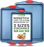 NutriChefKitchen 8-Piece Nonstick Bakeware Set - PFOA, PTFE-Free Carbon Steel Baking Trays w/Heatsafe Silicone Handles, Oven Safe Up to 450°F, Pizza Loaf Muffin Round/Square Pans, Blue, NCSBSBL8