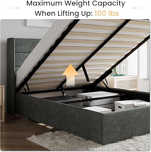 Miniatura 6 de SHA CERLIN Cama de Almacenamiento Elevable de Tamaño Completo/Cabecera Moderna Tipo Wingback/Marco de Cama Plataforma Tapizada/Almacenamiento Gris