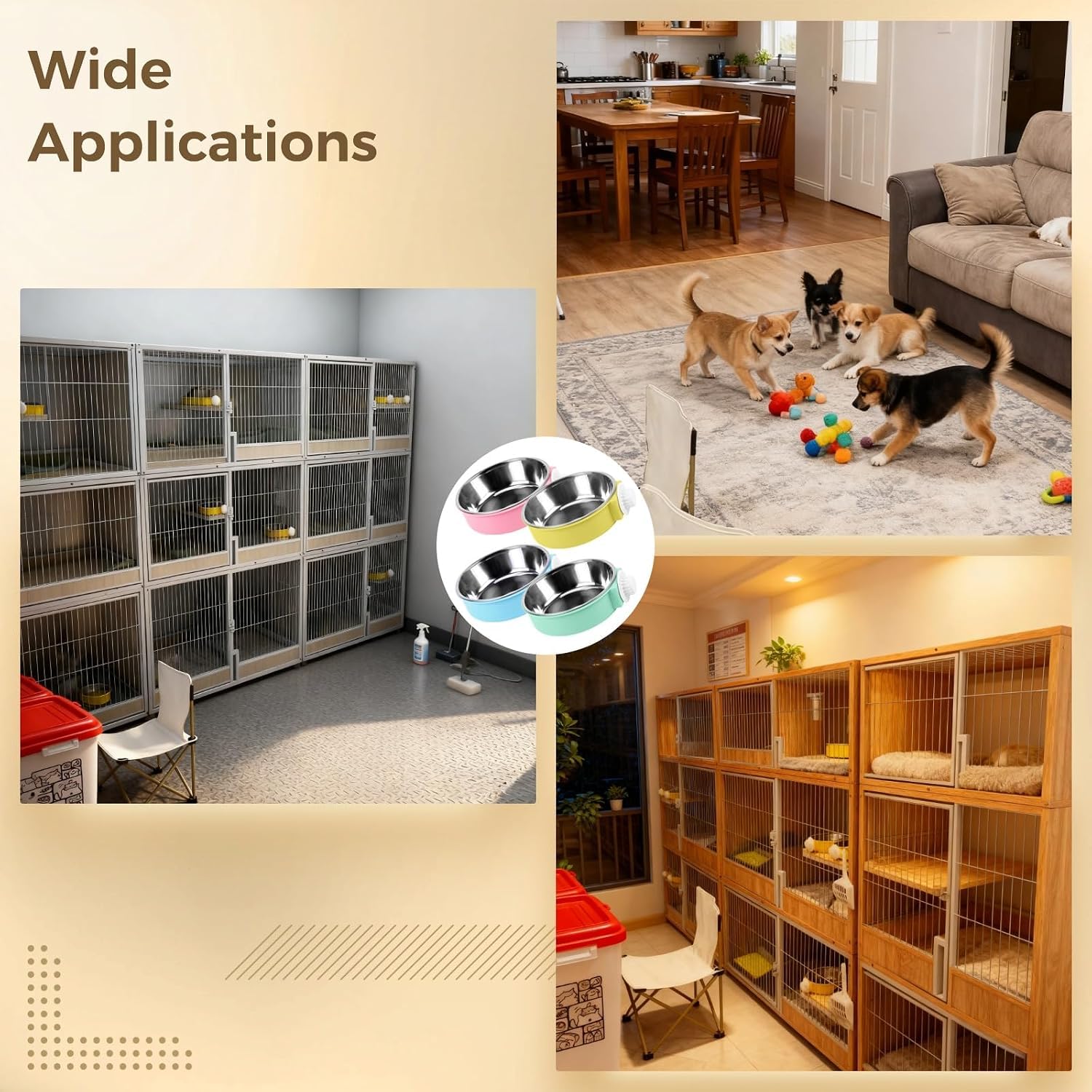 4 Stück Hundekäfig-Wassernapf, hängender, anbringbarer Futterspender aus Edelstahl, Abnehmbarer, auslaufsicherer Napf for Hundehütten, Mehrfarbig, leicht zu reinigendes Design