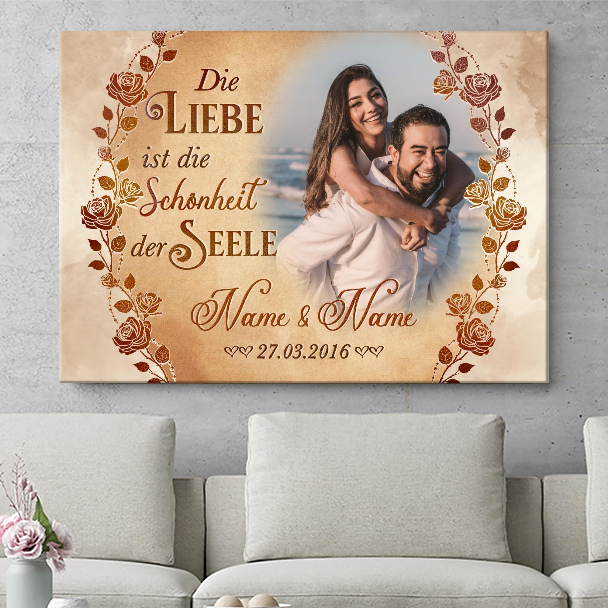 Liebesleinwand | Leinwand mit Foto, Namen und Datum | Wandbild gestalten eigenes Foto, Jahrestag Geschenk für Frauen und Männer | Seelenpartner