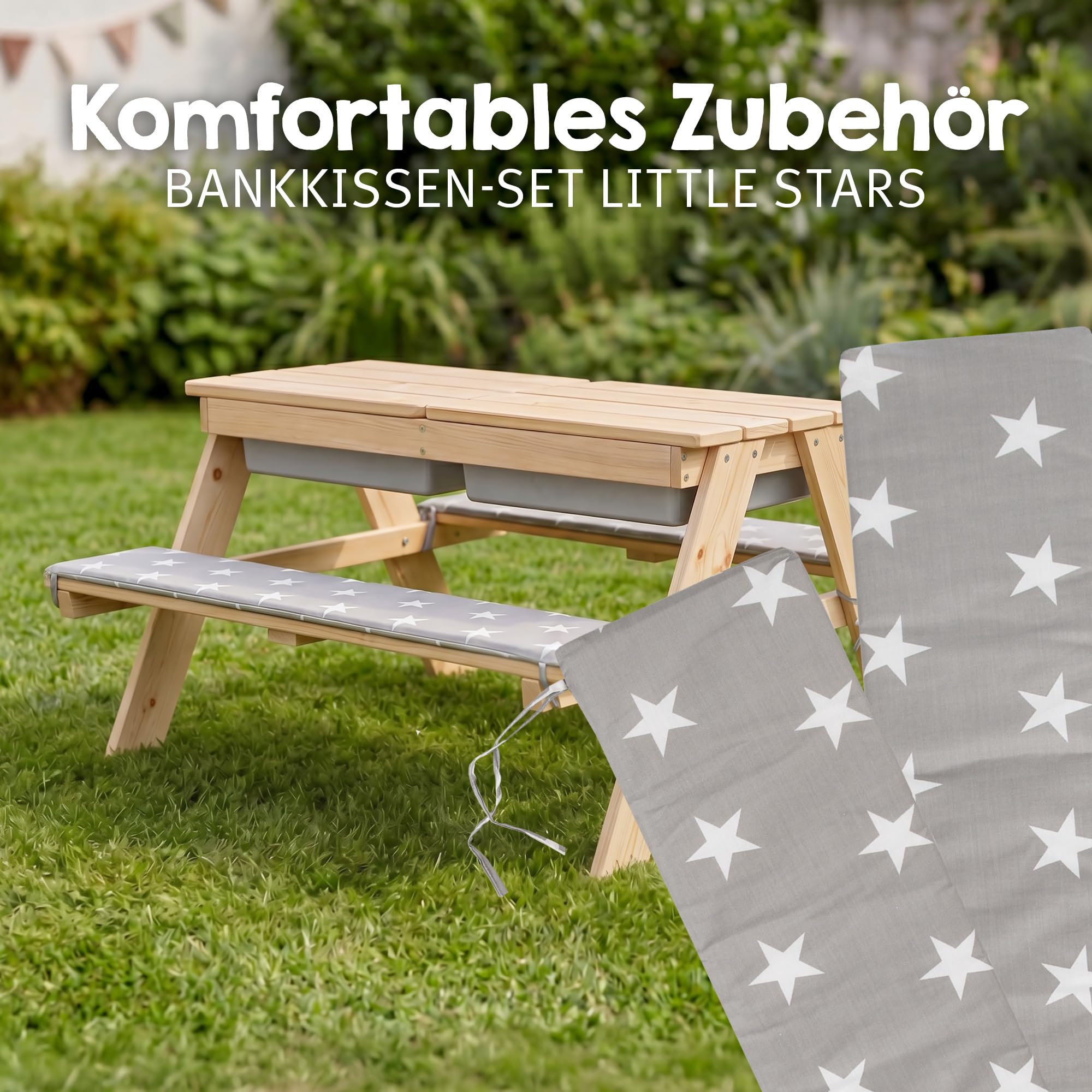 roba set di seduta per bambini “PLAY for 4” Outdoor+ con vaschette da gioco, set in legno massiccio e tavolo per fango