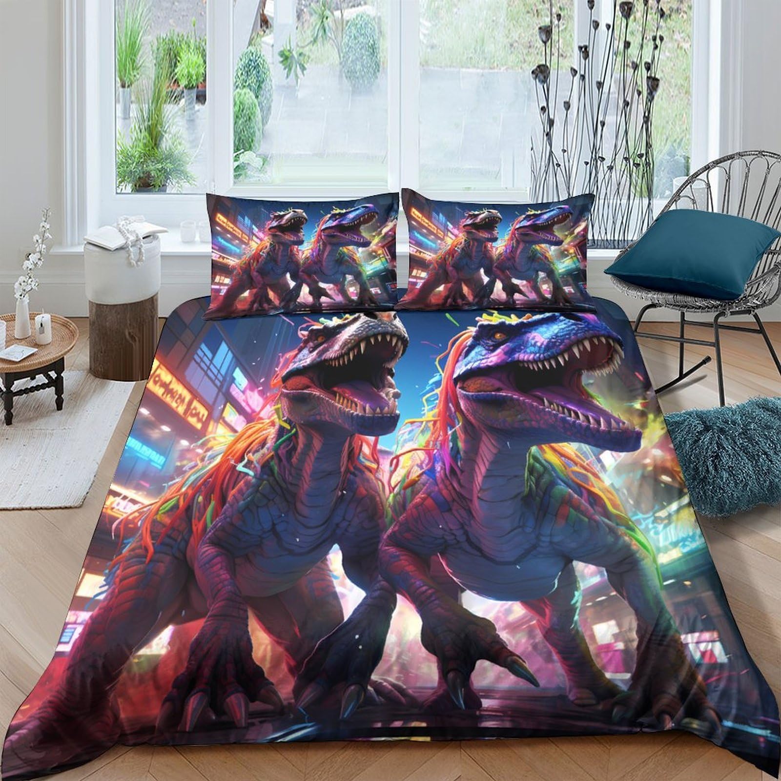 Ctjqhvkz Style-4 3D Printed Neon Dinosaur Fitted Sheet Microfiber City Lights Bed Cover For Bedroom Dorm Mattress Protection Decor Single（135X200cm）