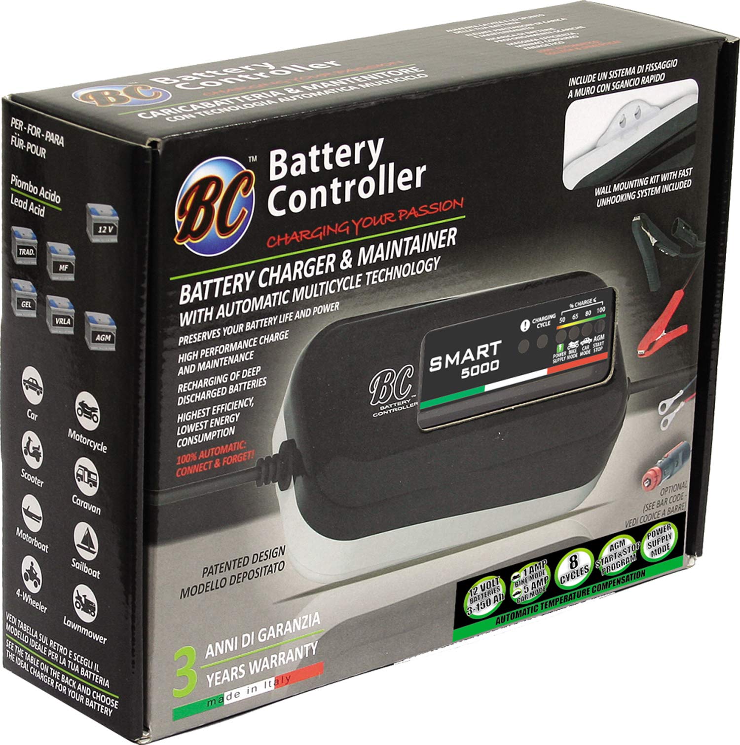 BC SMART 5000 - 12V 1A/5A - Batterieladegerät mit automatischer Temperaturkompensation - 4 Ladeprogramme für Autobatterien, Motorradbatterien, Start-Stopp-Batterien und Stromversorgung