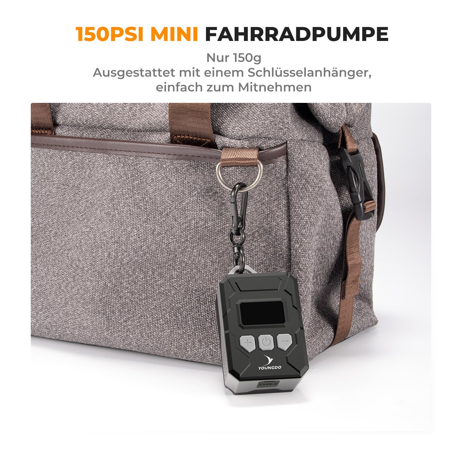 Mini Fahrradpumpe, YOUNGDO Fahrradpumpe Elektrisch 150PSI, 500mAh Akku Kompressor, Tragbare Luftpumpe Fahrrad, Echtzeit-Druckanzeige, mit Presta- und Schrader-Ventil