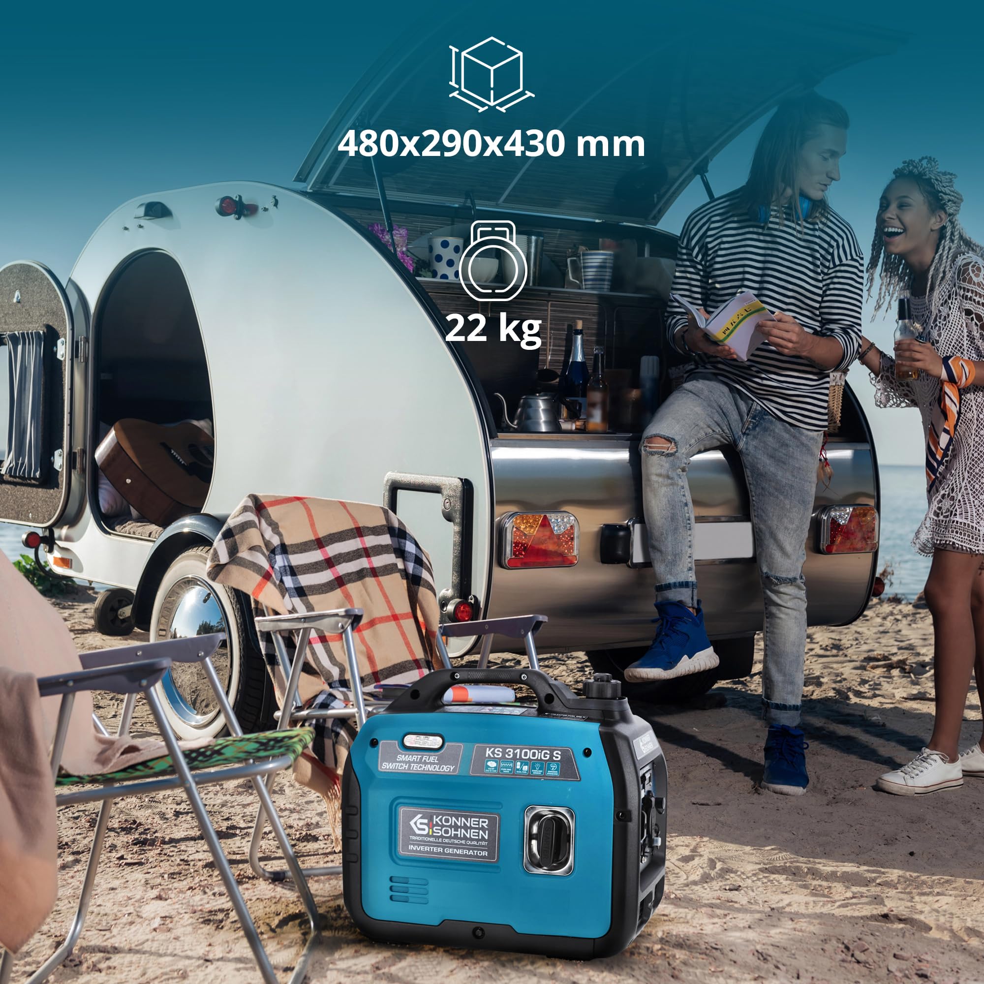 Generator inwertorowy gazowo-benzynowy KS 3100iG S Könner & Söhnen agregat prądotwórczy 3100W, Schuko 230 В, 2 porty USB, Wyświetlacz LED, tryb ECO, uzwojenia miedziane, generator prądu.