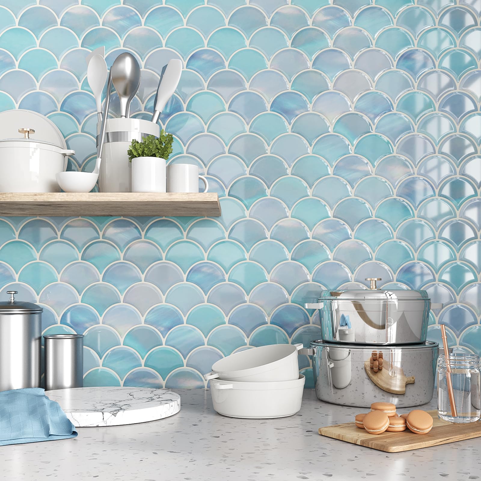 VEELIKE Piastrelle in ceramica iridescenti, con squame di pesce blu iridescente, per piastrelle da parete della cucina, stacca e attacca, impermeabili, 12 fogli autoadesivi in ceramica per bagno, 30,5