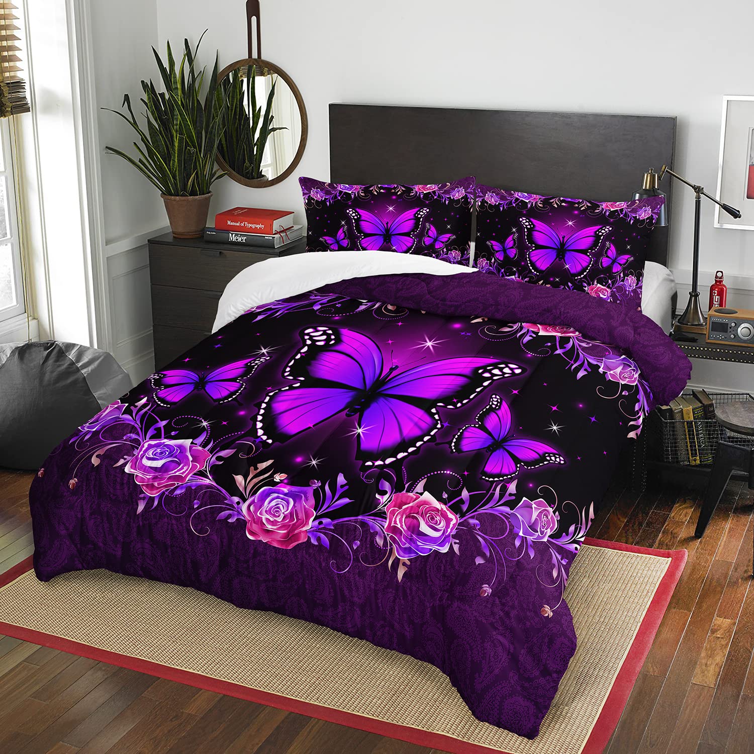 AILONEN Butterfly Comforter Set Twin Size, Pink Purple Flowers Print Bedding Set,Butterfly Art Pattern Soft Lightweight Duvet Set for Kids Teens Girls Women 3Pcs(1 Comforter + 2 Pillowcases)