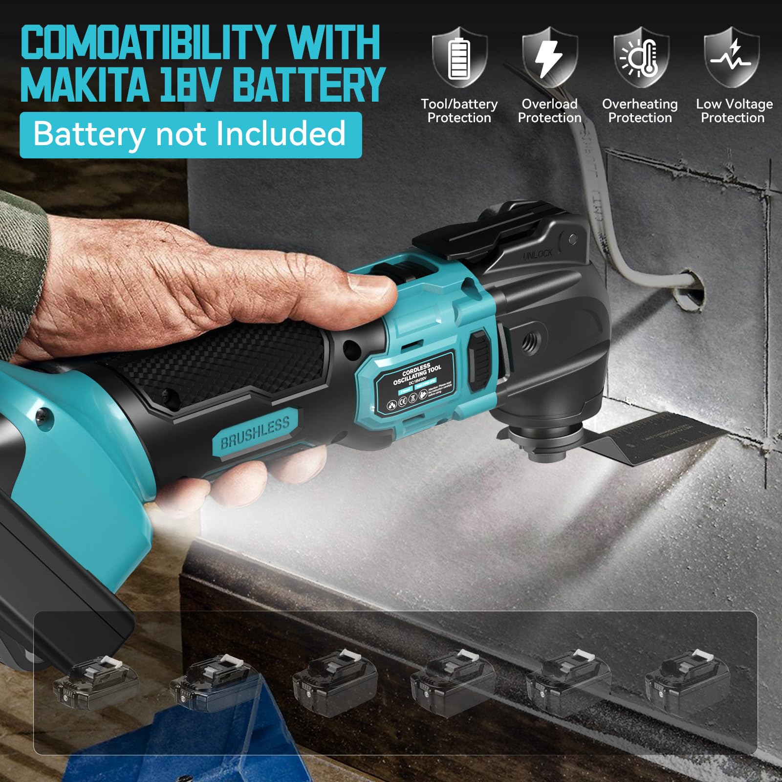 Ecarke Akku-Multifunktionswerkzeug kompatibel mit Makita Akku 18V Li-Ion,Multitool 6 Einstellbare Geschwindigkeiten, Bürstenlos Motor zum Entfernen,Schaben,Schneiden mit 23 Zubehör(ohne Akku)