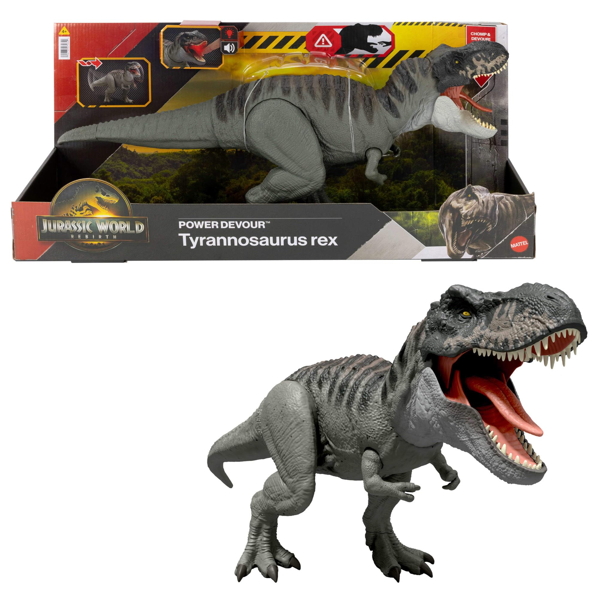 ​Mattel Jurassic World Rebirth Power Devour Tyrannosaurus Rex Dinosaur Figure with Tongue Activated Constant Chomp, Lights & Sounds, Digital Play, JGB50