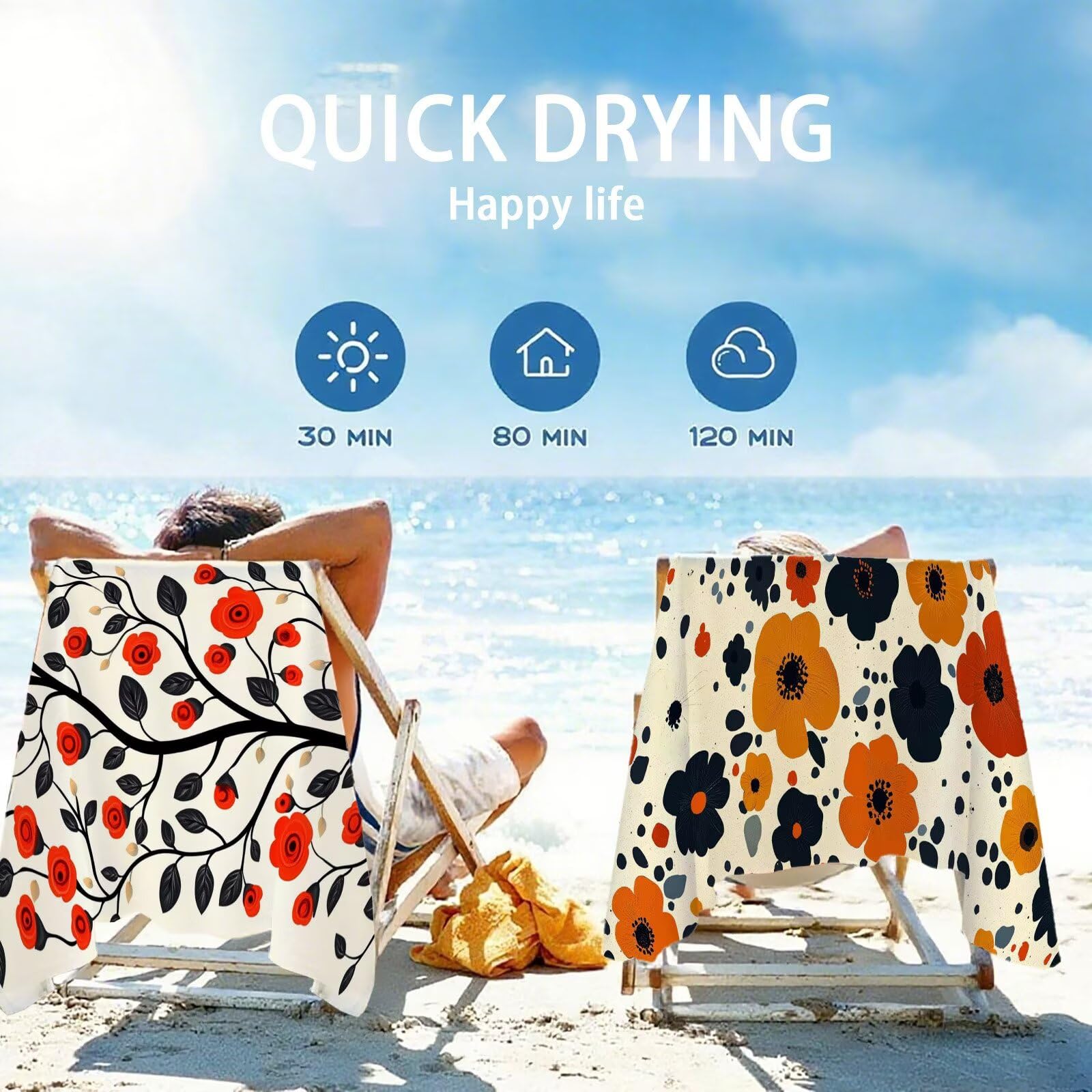 Ręcznik plażowy z mikrofibry, 85 x 170 cm, ręcznik plażowy w kwiaty, ręcznik do sauny, nie zawiera piasku, szybkoschnący, chłonny ręcznik plażowy, ręcznik sportowy na podróż, urlop, do pływania, na