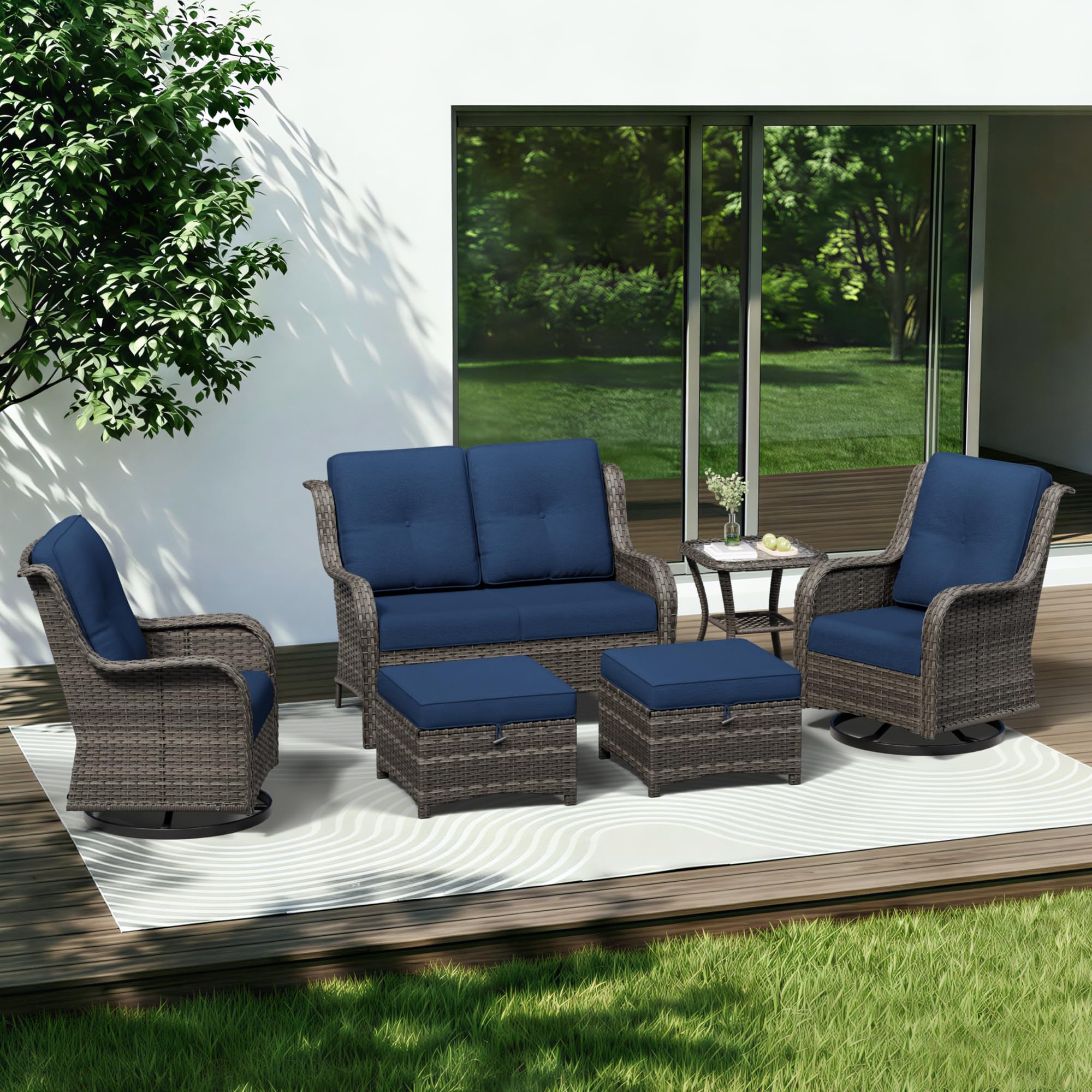 6 Piece Outdoor Wicker Patio Furniture Set, Outdoor Swivel Rocker Patio Chairs Set with Thickened Olefin Cushions, High Back and Deep Seating, Hand-Woven PE Rattan for Porch, Deck