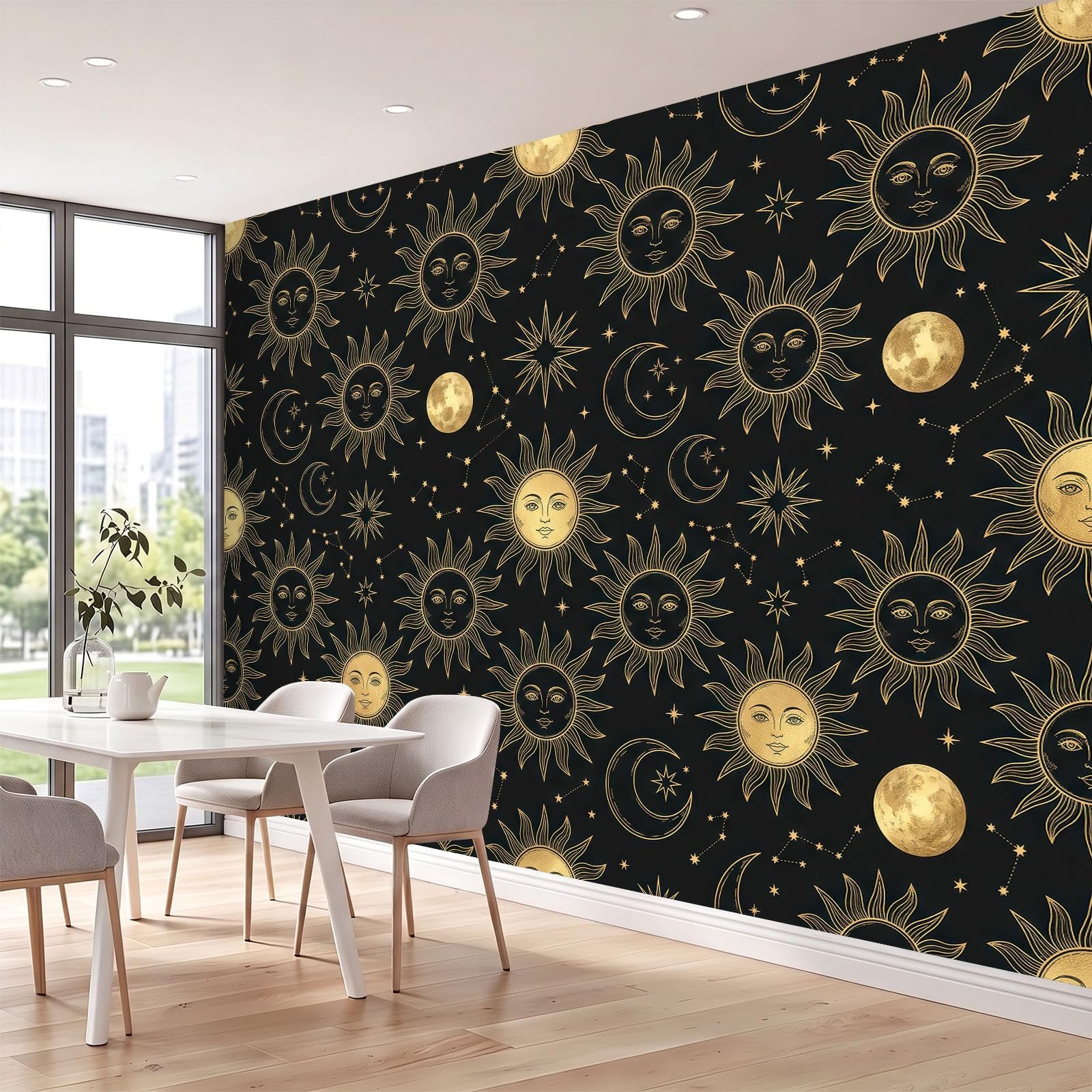 Natur Fantasie Wald Panorama Fototapete 400 x 280 cm, Sonne Mond Menschliches Gesicht Sternenmuster Sterne Vlies Tapete Wandtapete, Schwarz-Gold Wandbilder Tapete für Wohnzimmer Schlafzimmer Apartment