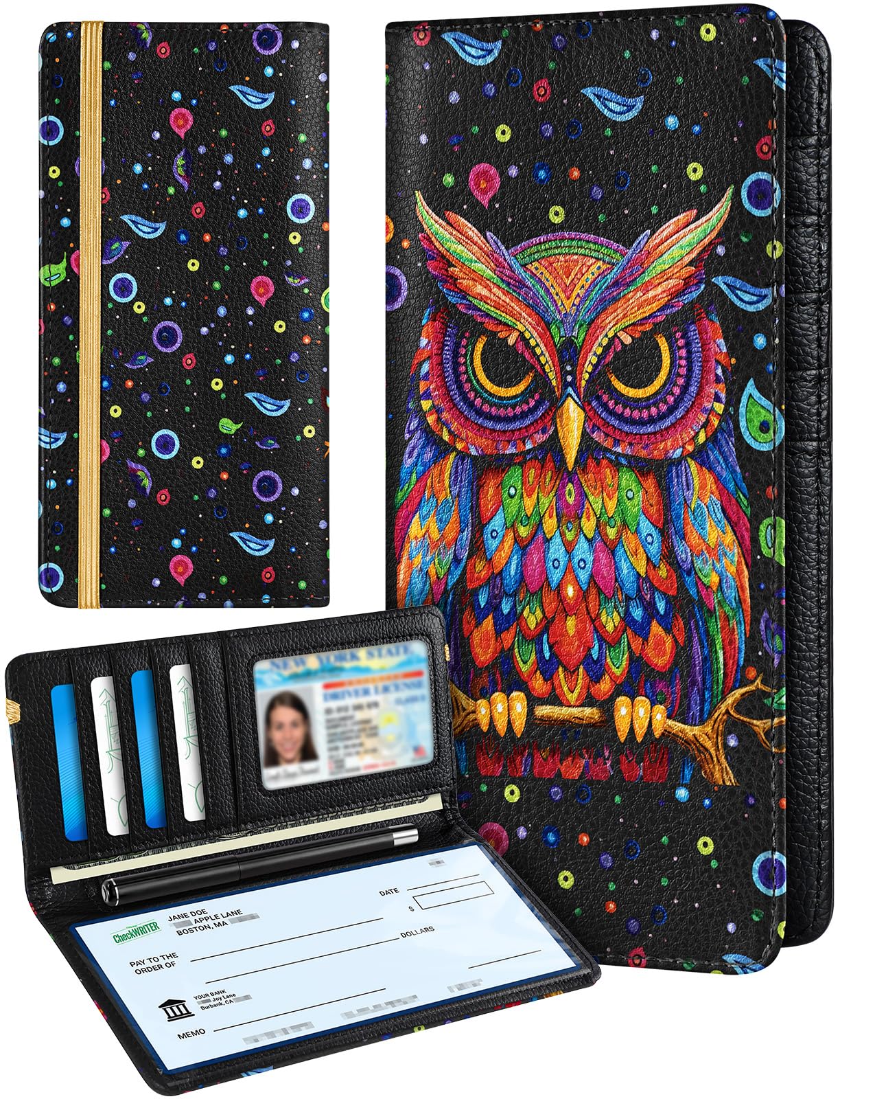 Slohif Checkbook Cover for Personal Duplicate Checks - Leather Check Book Wallet Holder for Women Black Owl Print Top Stub