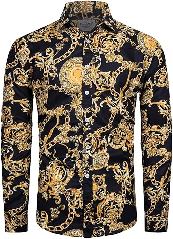 fohemr Mens Luxury Dress Shirts Baroque Gold Chain Print Casual Long Sleeve Button Down Buchona Shirt for Party