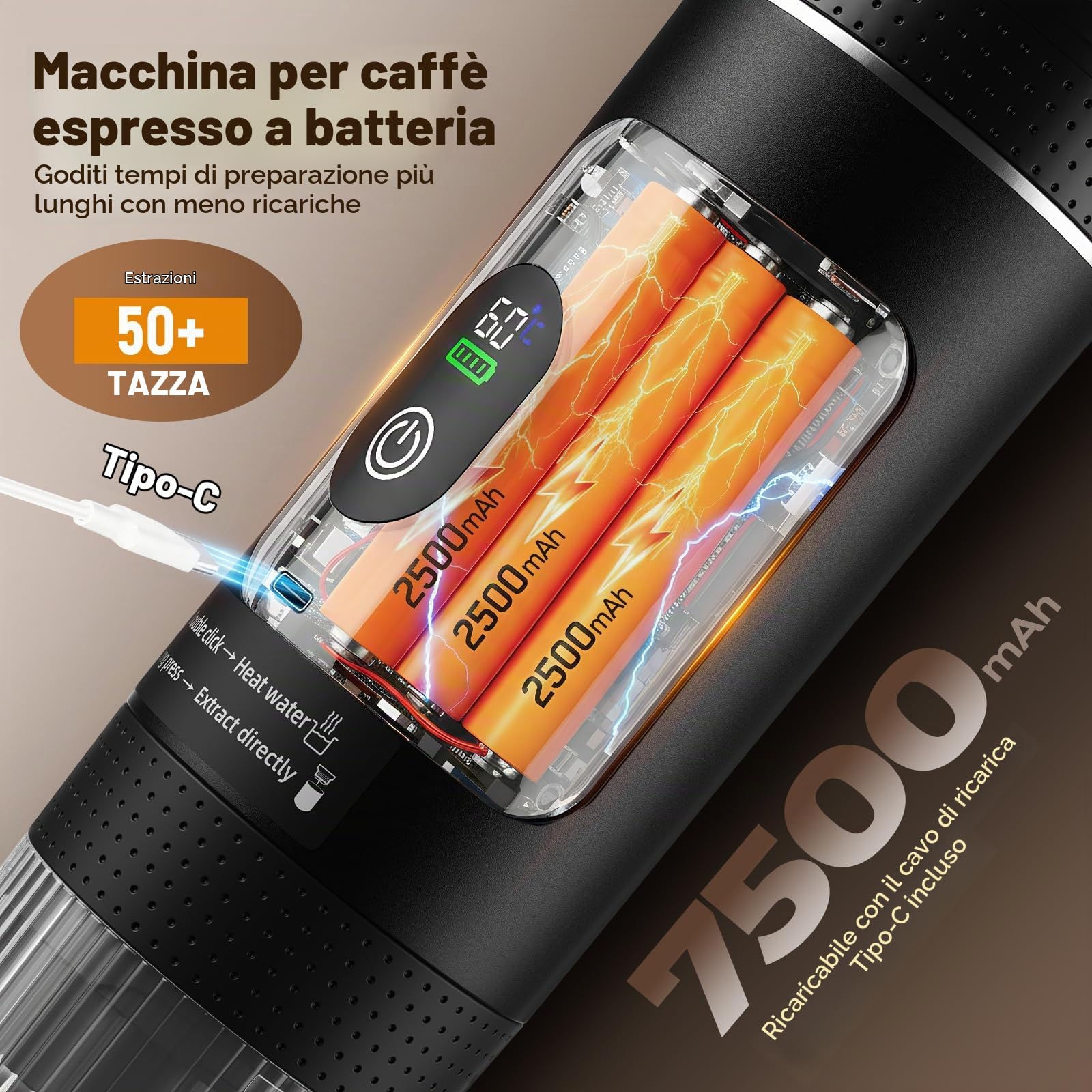 Macchina da caffè espresso portatile 3 in 1 a batteria, 20 bar, mini macchina da caffè da viaggio con porta USB, display LED, custodia di ricarica, compatibile con caffè macinato e capsule