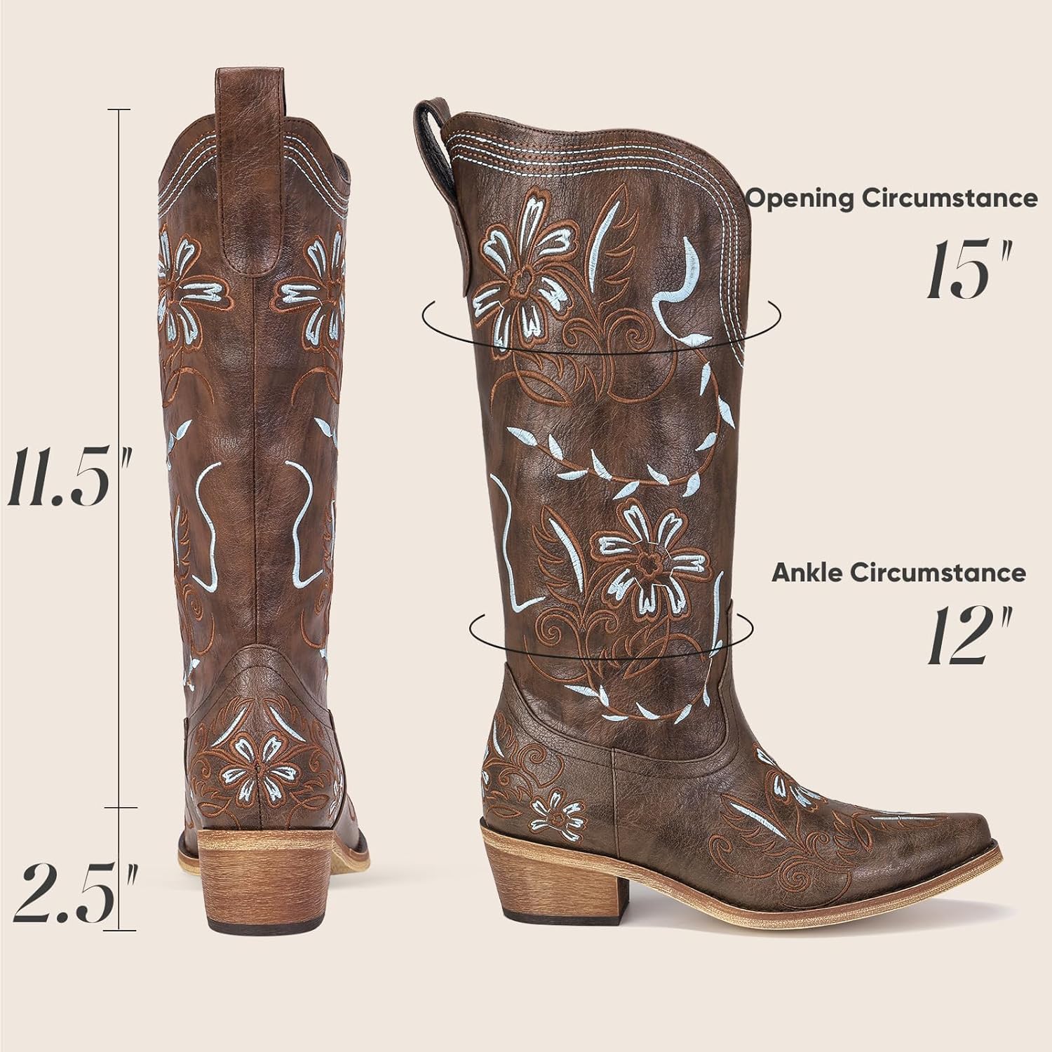 Cowboy Boots for Women Wide Calf - Cowgirl Boots with Pointed Toe and Chunky Heel for All-Day Comfort | Perfect for Country Music Festivals & Daily Wear, Brown 8 - Image 3