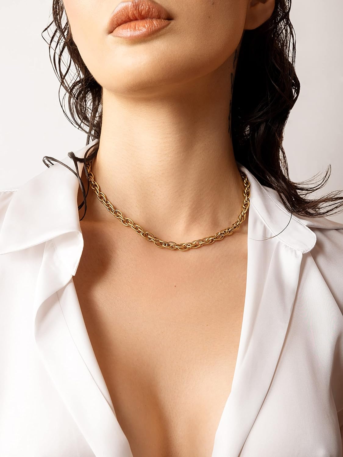 Link Chain Necklace, 18K Gold Plated Stainless Steel, Hypoallergenic, Non-Tarnish, Vintage Style Textured Braided Rope Collar Choker Necklace, Waterproof Jewelry for Women - Image 4