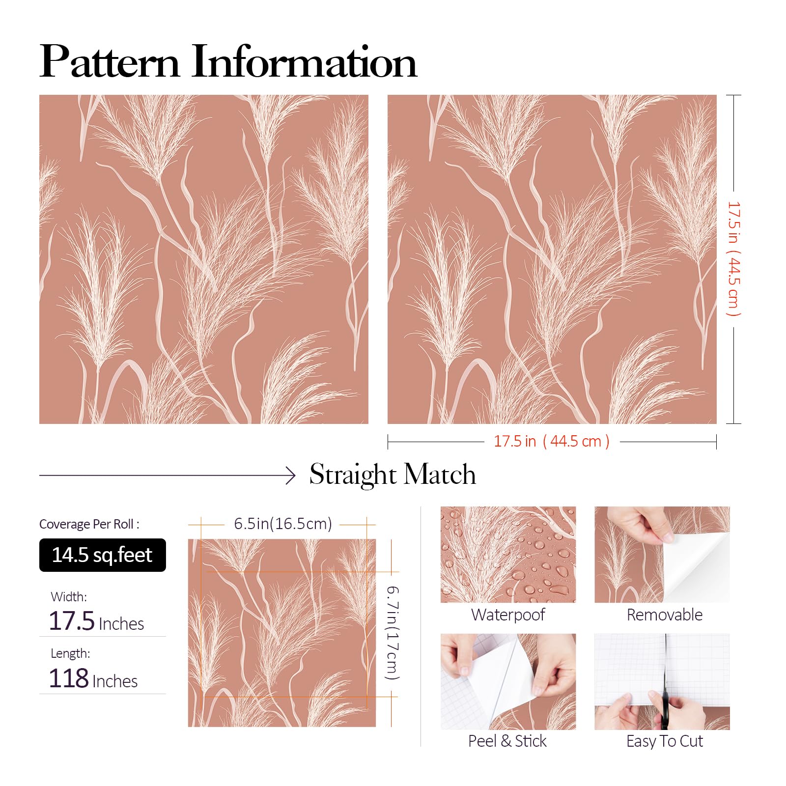 FunStick Papier Peint Chambre Feuille Argile Rouge Marron Papier Peint Autocollant Motif Paille D'orge Moderne Rouge Vinyle Adhesif Salle De Bain Rouleau Adhesif Mural Decoratif Feuillage 44.5CMx3M