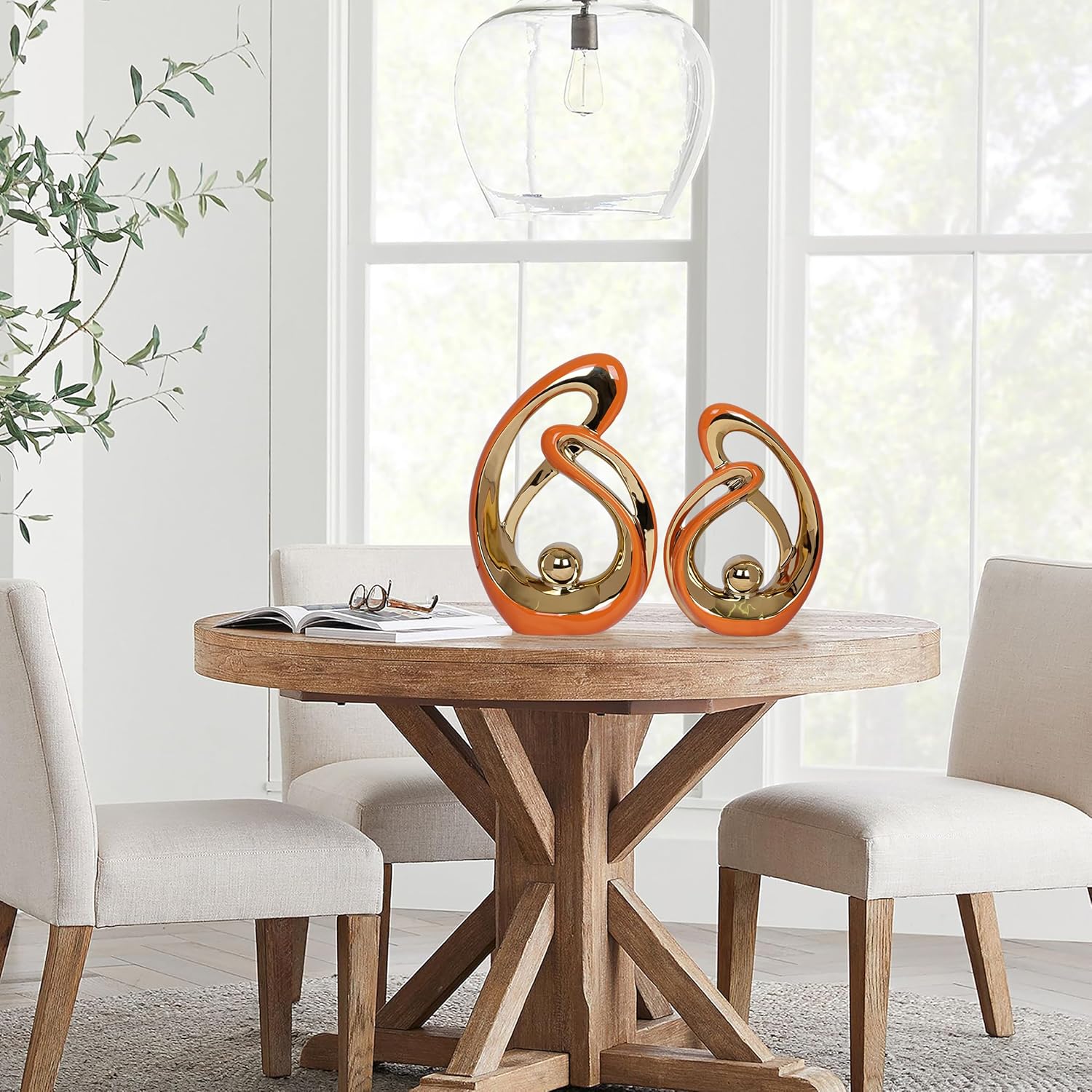 2 PCS Orange Decor Accent Ceramic Statue Orange Gold Mid Century Modern Home Decor Accents Sculpture Decorations Centerpieces for Living Room Bookshelf Shelf Coffee Table Kitchen Office Dining Table - Image 4