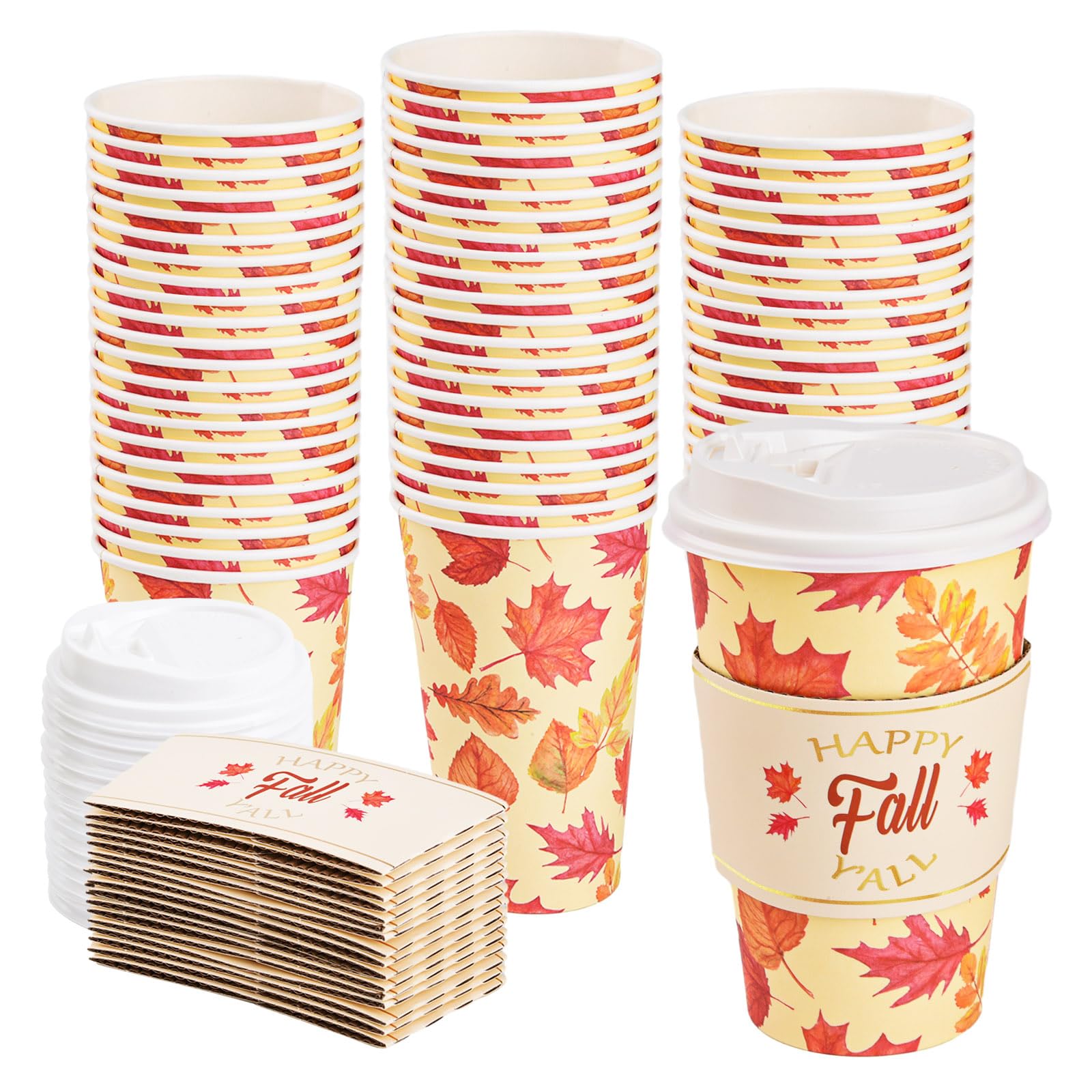 48 Pack 16 oz Fall Disposable Coffee Cups with Lids and Sleeves Autumn Maple Leaf To Go Paper Coffee Cups Beverage Drinking Cups for Harvest Thanksgiving Party Travel Business Supplies
