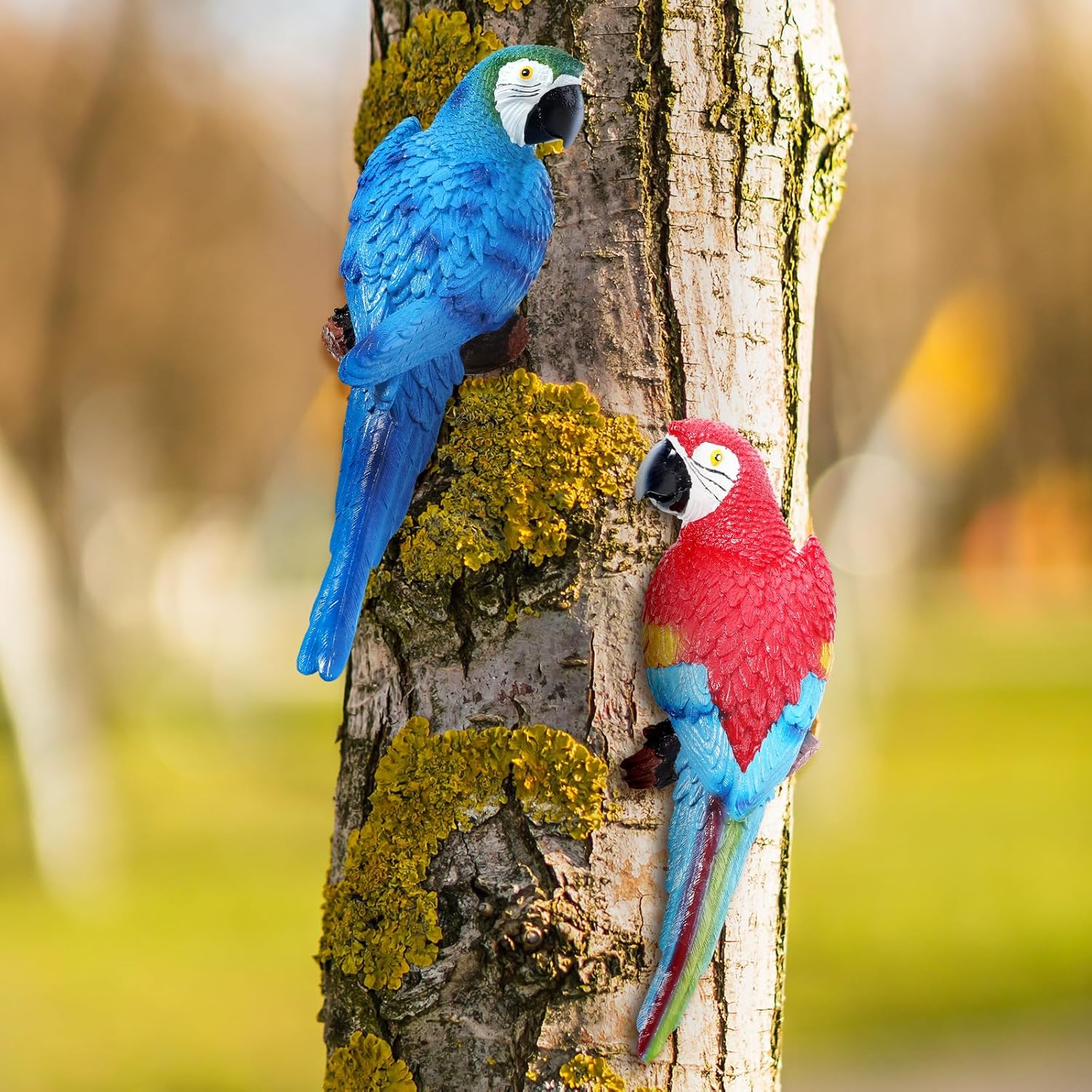 2 Pieces Parrot Decor Outdoor Tiki Bar Decorations Large Realistic Parrot Statues for Outside Lifelike Bird Sculptures Garden Patio Yard Lawn Figurines for Tropical Animal Tree Wall (Red,Blue)