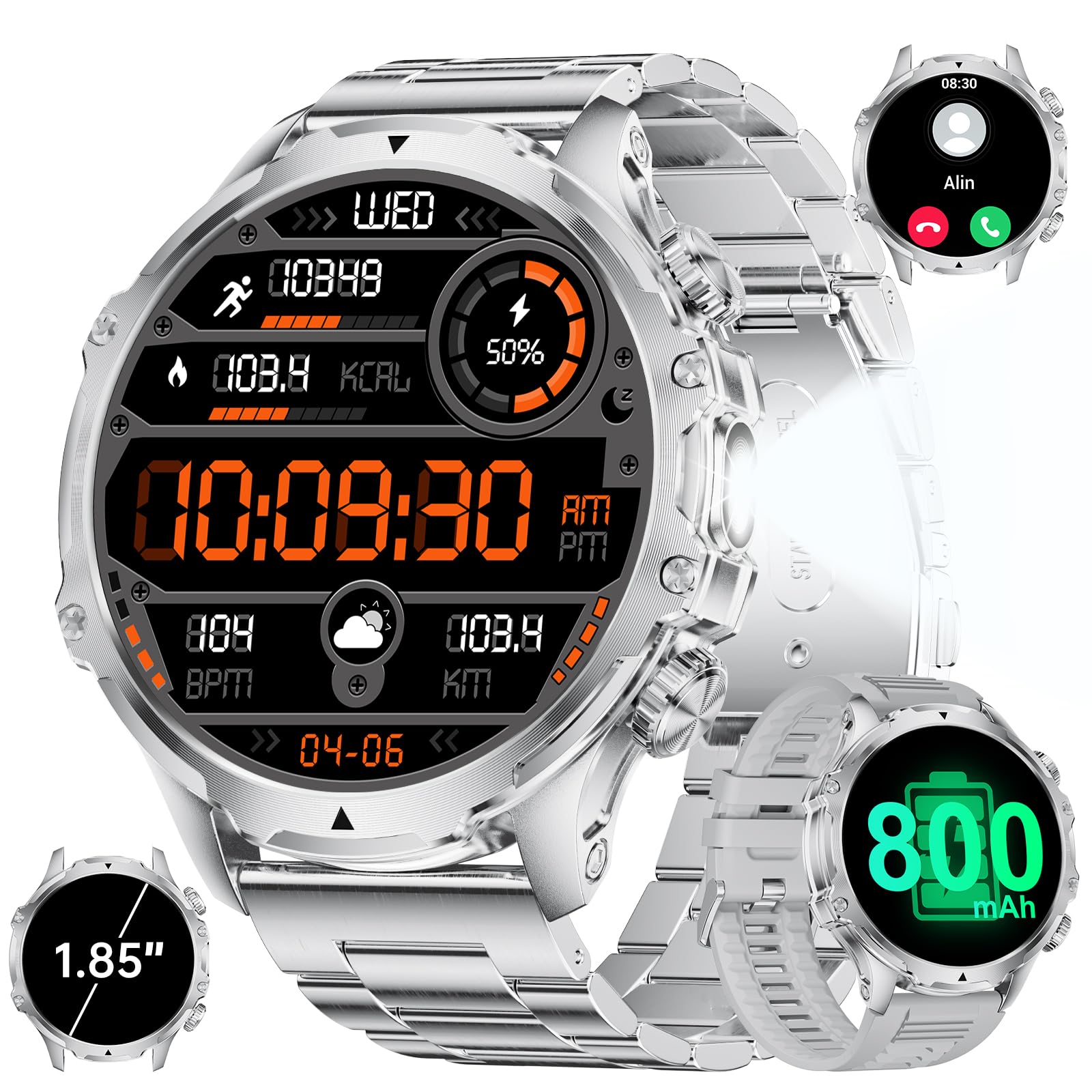 SUNKTA Montre Connectée Homme Militaire,800mAh Longue Autonomie Batterie/1.85‘’ avec Appels/Fréquence Cardiaque/Suivi du sommeil/Pédomètre/IP68 Étanche Smart Watch pour Android/iOS