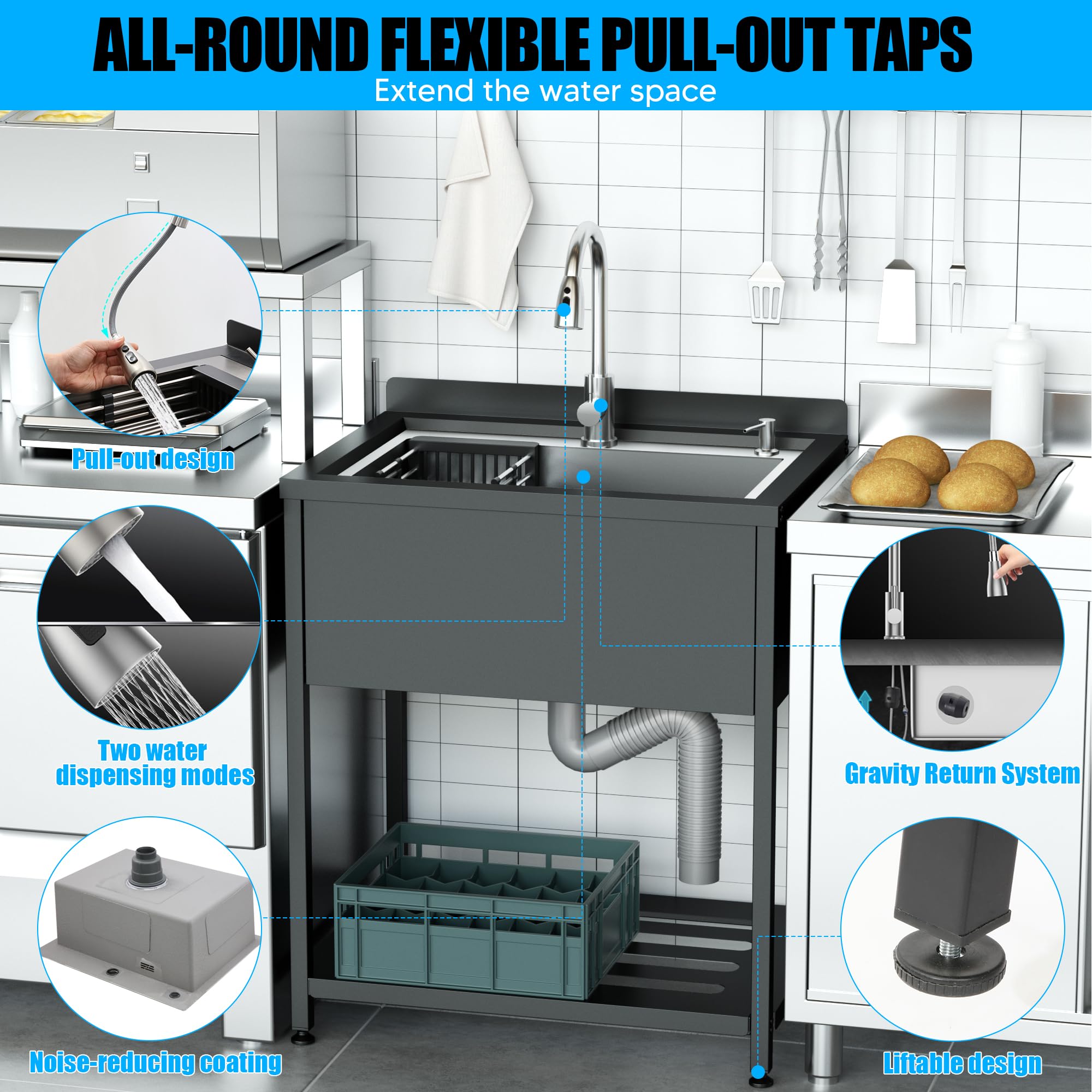 Évier de Cuisine Professionnel en Inox 78x56x100cm - Autoportant avec Robinet et Accessoires pour Intérieur et Extérieur - Pour Cuisine, Restaurant, Garage, Jardin