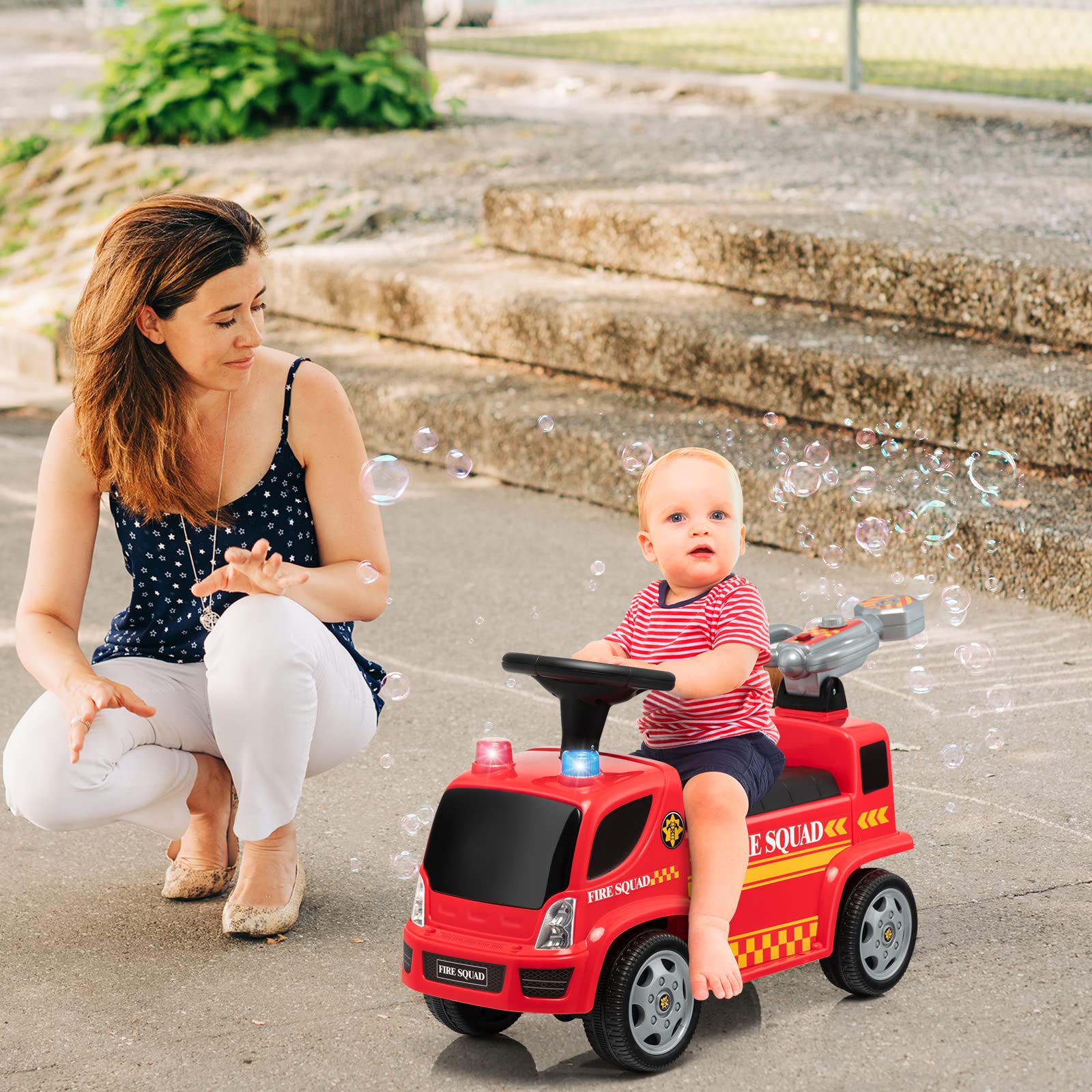 COSTWAY Giocattolo Cavalcabile a Spinta per Bambini, Camion dei Pompieri per Bambini con Funzione Bolla Musica Luci Allarme, per 18-36 Mesi (Rosso,1)