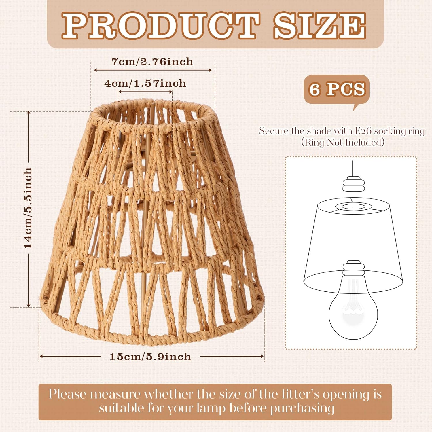 Small Rattan Bell Lamp Shade Boho Handwoven Barrel Rattan Chandelier Shades Replacement for Table Floor Lamp Pendant Light Fixtures, 5.5" H x 5.9" D, 2.76" Fitter(6 Pcs,Boho,Normal)