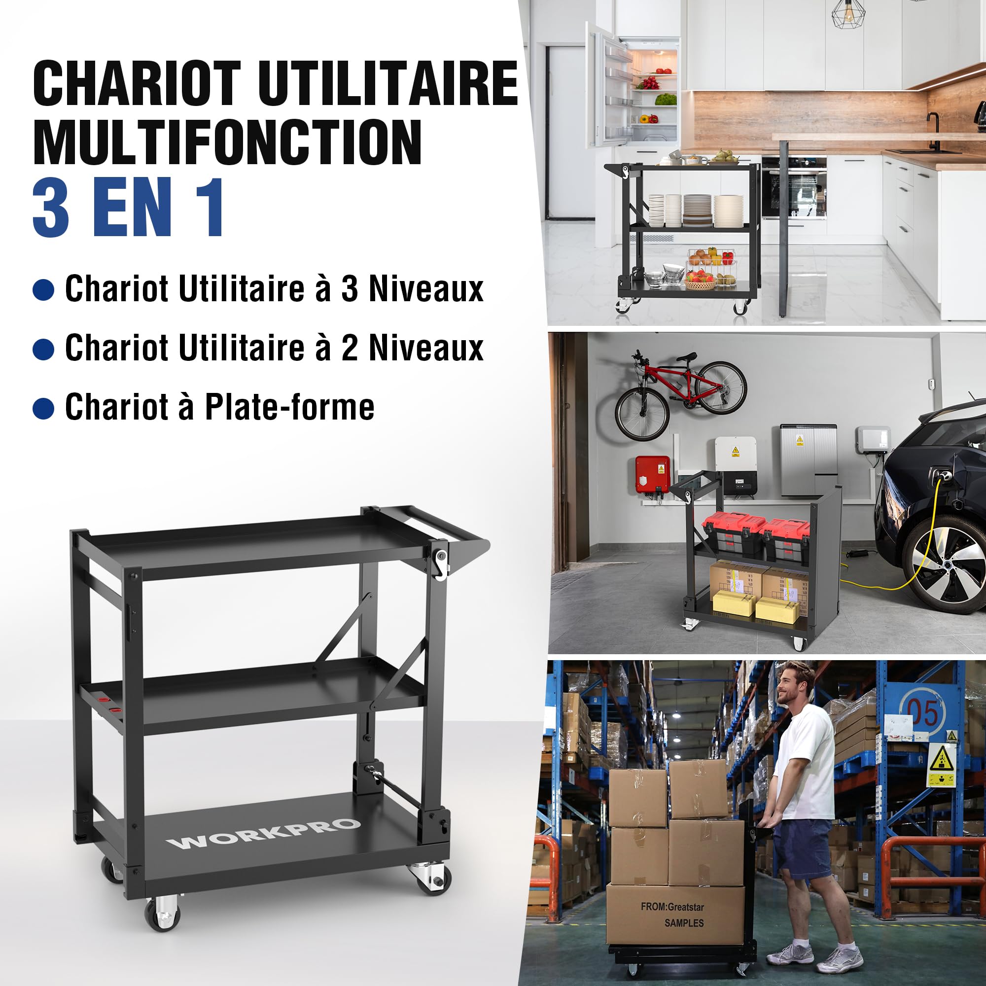WORKPRO Chariot à Roulettes 3 en 1, Chariot Servante d’Atelier Pliable avec Poignée Latérale, 3 Niveaux de Rangement, Chariot de Service Mobile pour Garage, Atelier, Cuisine, Bureau, Entrepôt, Hôtel