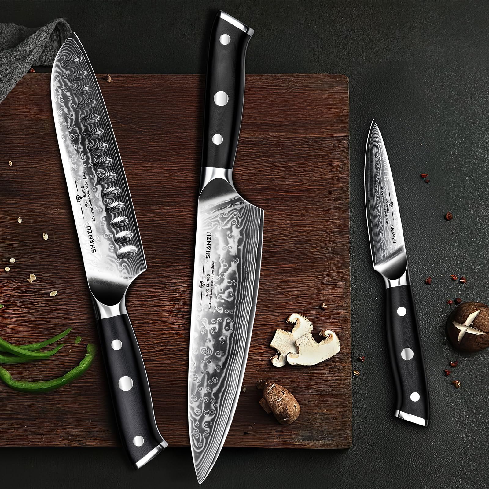 SHAN ZU Damastmesser Set 3-teilig, japanisches Damast Küchenmesser Set | scharfer Klinge aus 67 Lagen Damaststahl, kohlenstoffreichem Stahlkern, G10-Griff & Geschenkbox – PRO Series
