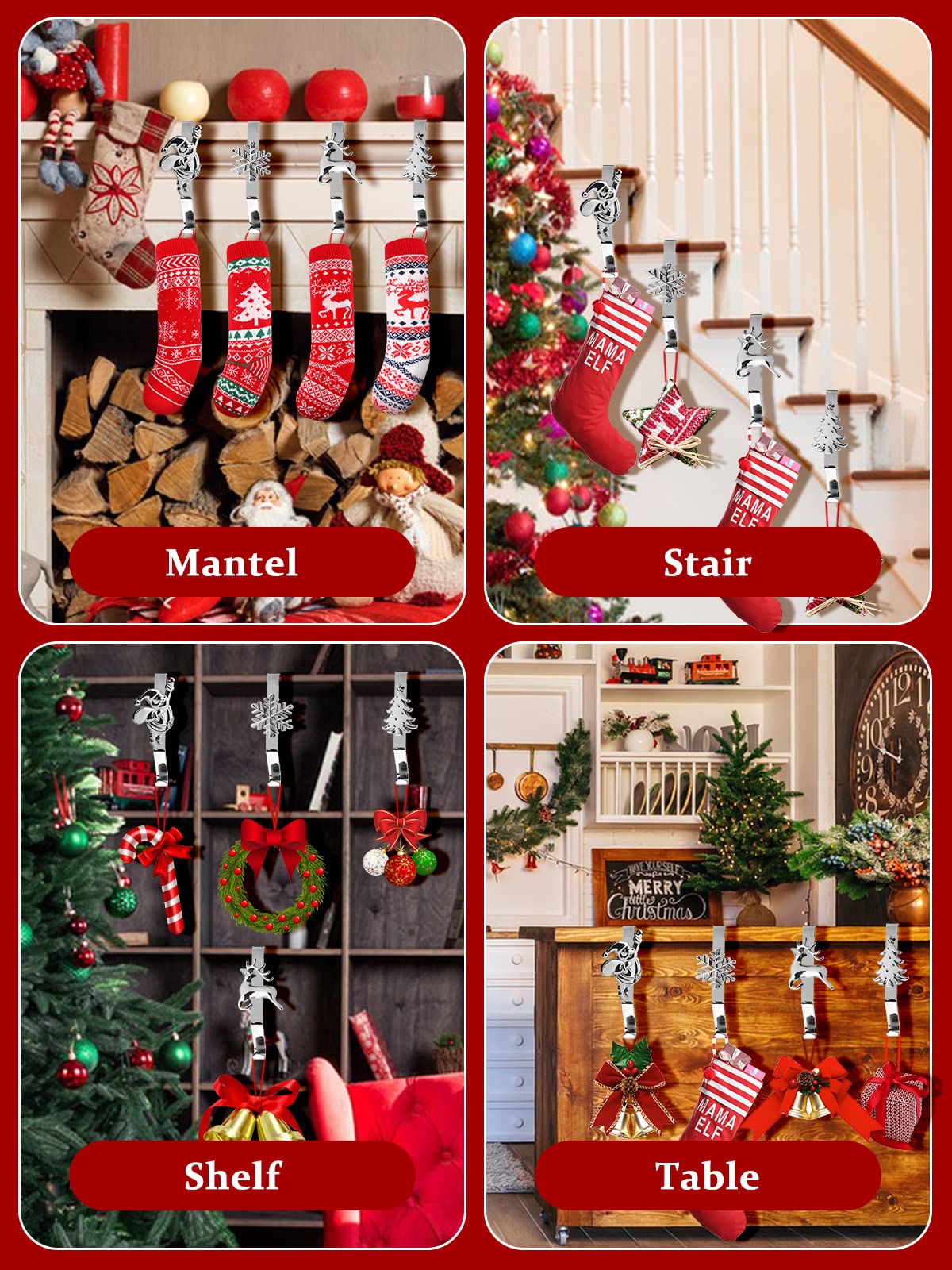 4 Pezzi Portacalze di Natale per Camino, Kalolary 4 Stili Supporti per Calza Natale Mantello Antiscivolo Robusti Ganci per Calza del Mensola per la Decorazione della Casa Vacanze di Natale (Argento)