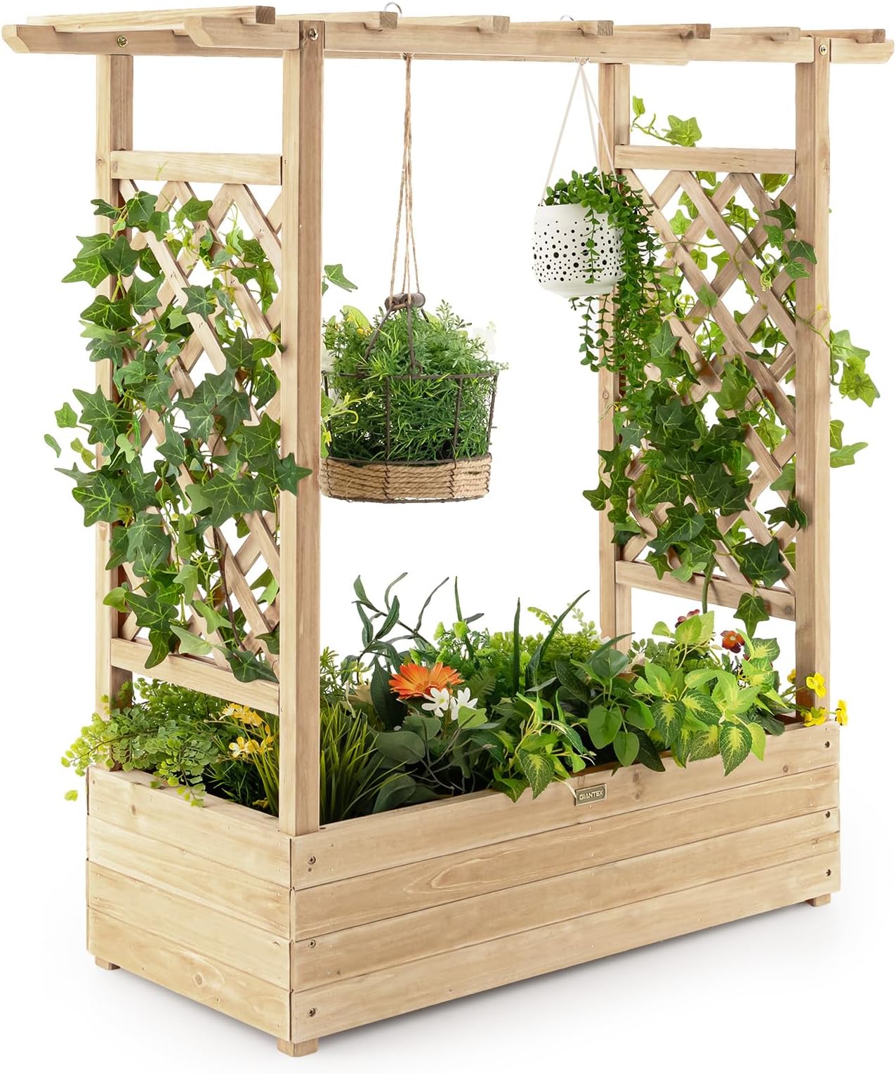 COSTWAY Garden Planter with Trellis, Hanging Roof and Drainage Holes, Weather-Resistant Wooden Raised Bed for Vine Climbing Plants, Outdoor Trough Container Grow Box Flower Pot (Natural, 110x44x113cm)