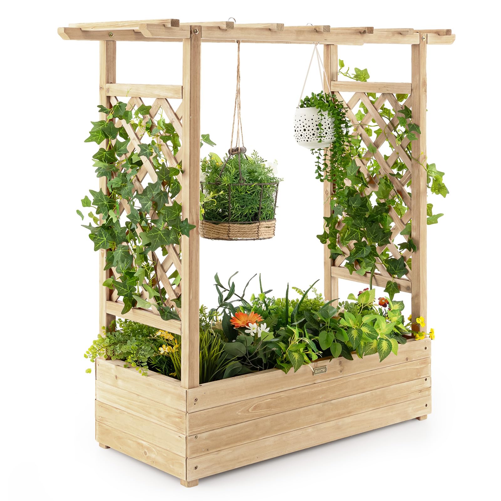 COSTWAY Garden Planter with Trellis, Hanging Roof and Drainage Holes, Weather-Resistant Wooden Raised Bed for Vine Climbing Plants, Outdoor Trough Container Grow Box Flower Pot (Natural, 110x44x113cm)