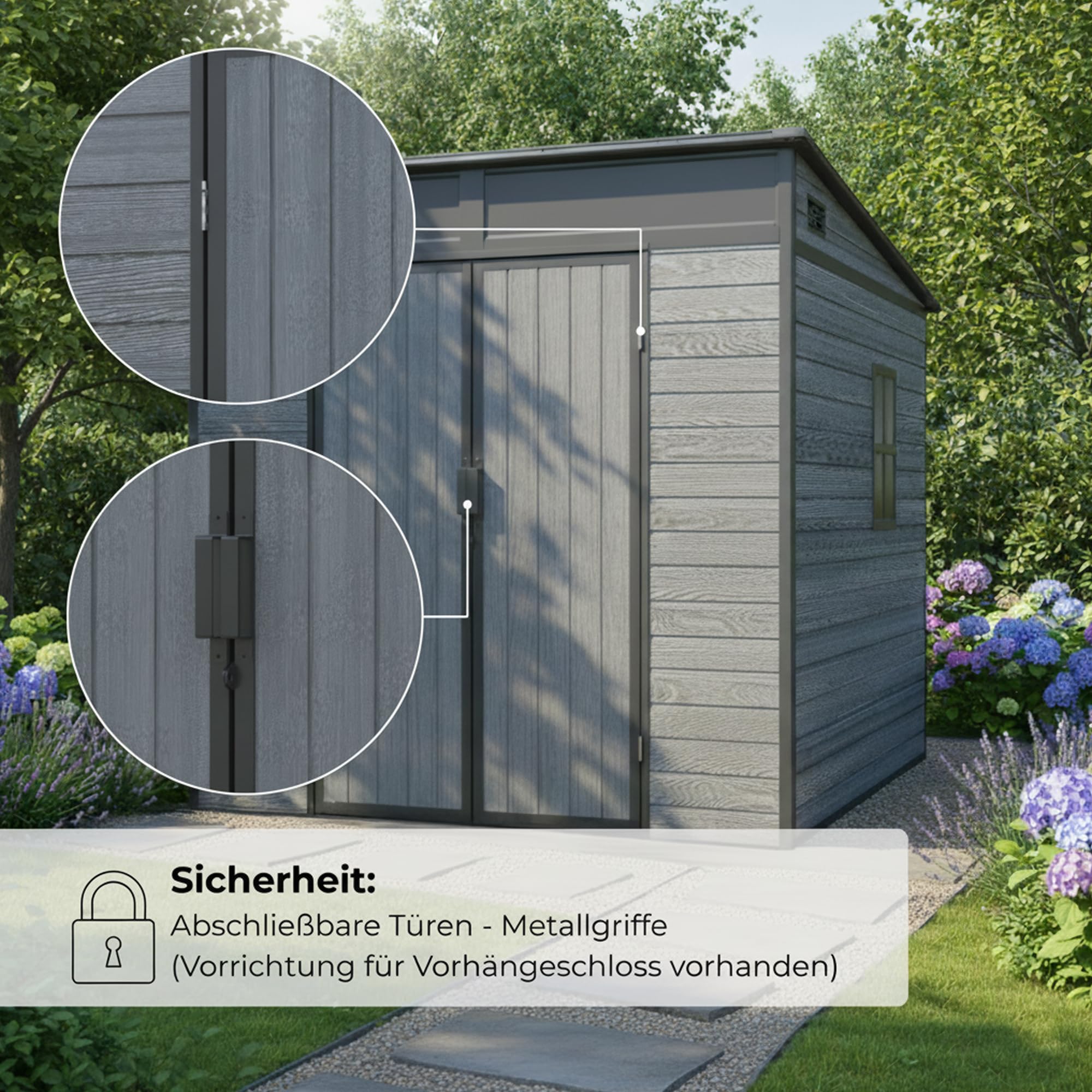 Gartenhaus Penta 4,4m² Kunststoff | Polypropylen (PP) Geräteschuppen witterungsbeständig 198 x 203 x 204 cm (B x T x H) dunkelgrau/schwarz