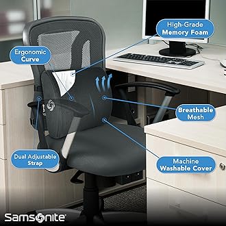 SAMSONITE SA5243 - Ergonomic Lumbar Support Pillow - Elevates Lower Back Comfort - 100% Pure Memory Foam - Use in Car or Office Chair - Fits Most Seats - Breathable Mesh - Washable Cover