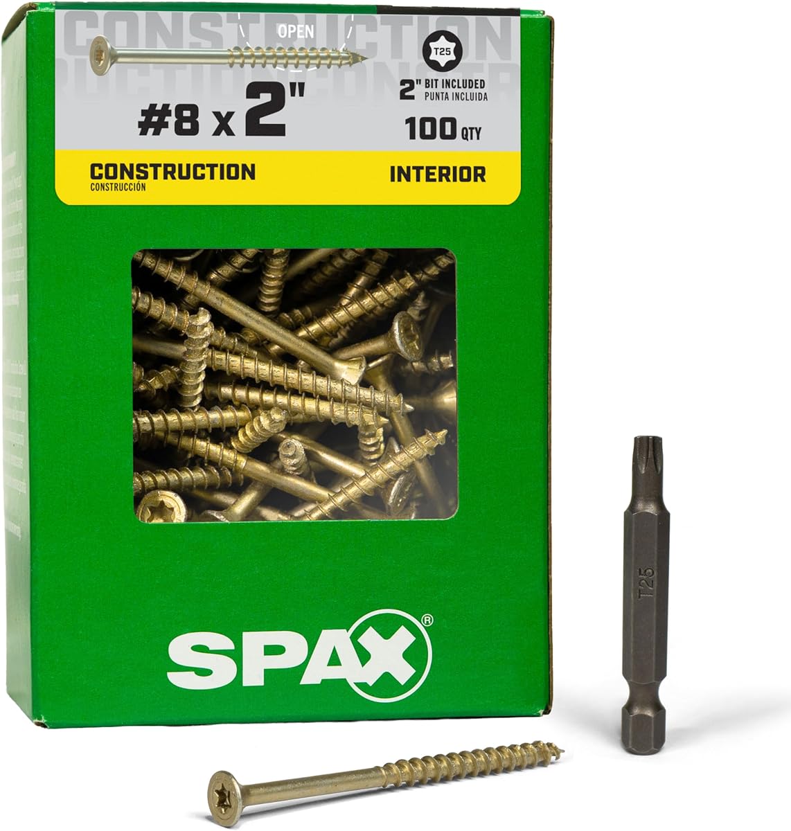 SPAX #8 x 2 PowerDrive Tornillos para madera de construcción de cabeza plana interior (100 piezas) T25 T-Star Marco de zinc amarillo Inicio rápido Punta afilada Acabado al ras limpio Broca incluida