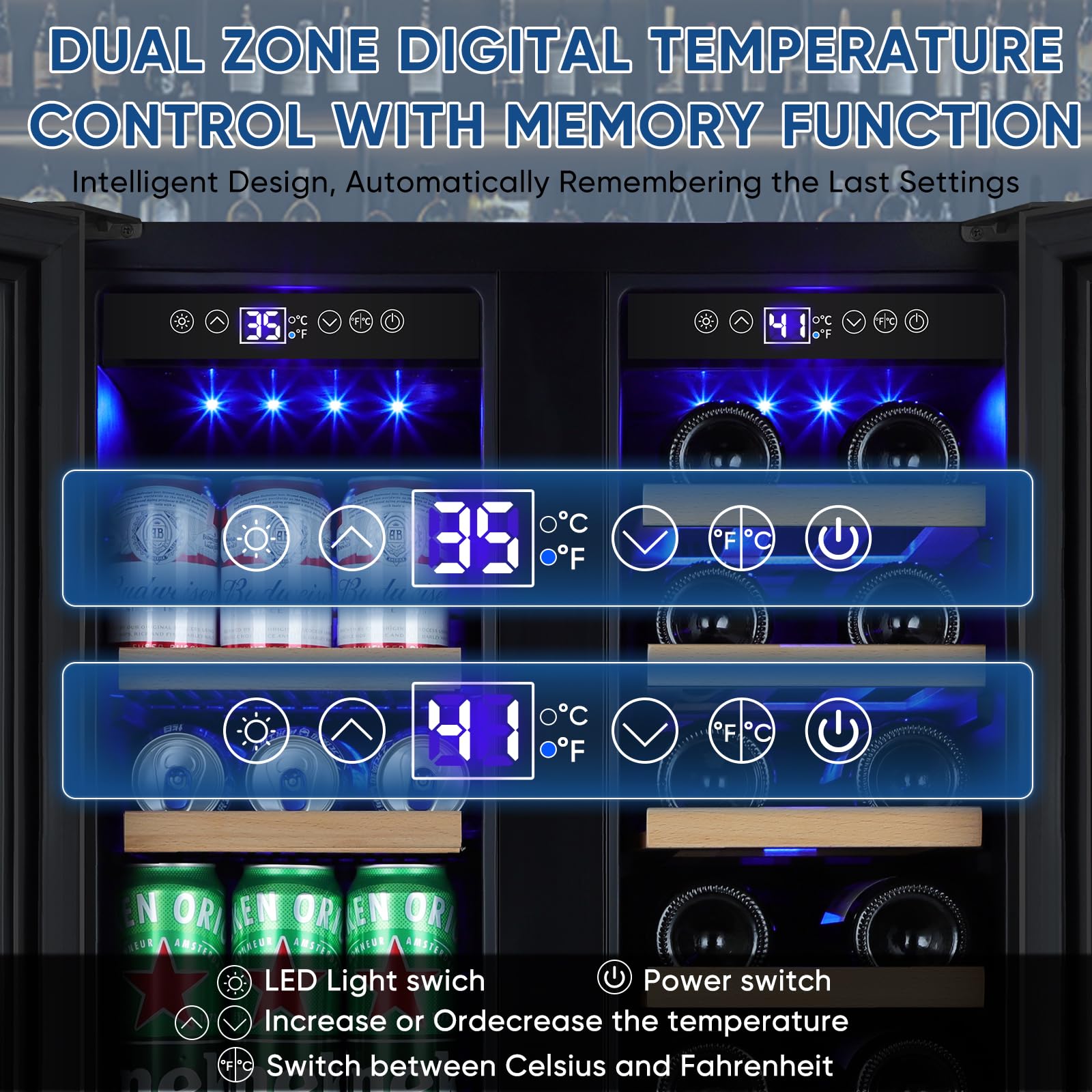 Wine And Beverage Refrigerator 24", Upgraded Dual Zone Wine Beverage Cooler With Glass Door And French Door, Large Capacity Beer Fridge Holds 21 Bottles & 88 Cans, Built-In Or Freestanding - Black on Fridge.com - View 2