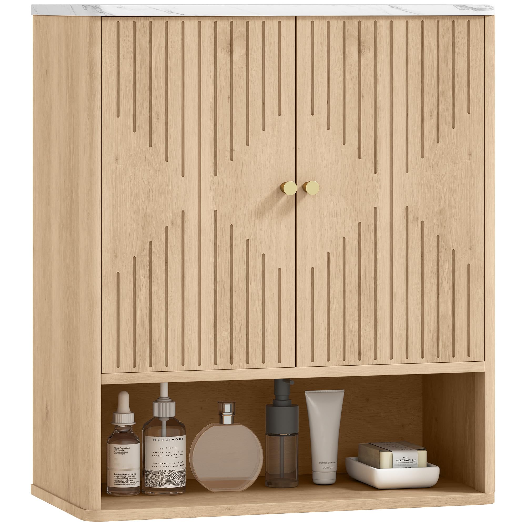 HOMCOM Armoire Murale de Salle de Bain, Meuble de Rangement avec Compartiment Ouvert et étagère réglable, Meuble Haut de Salle de Bain Portes à Motifs en Forme de sablier, 60 x 18 x 70 cm, chêne
